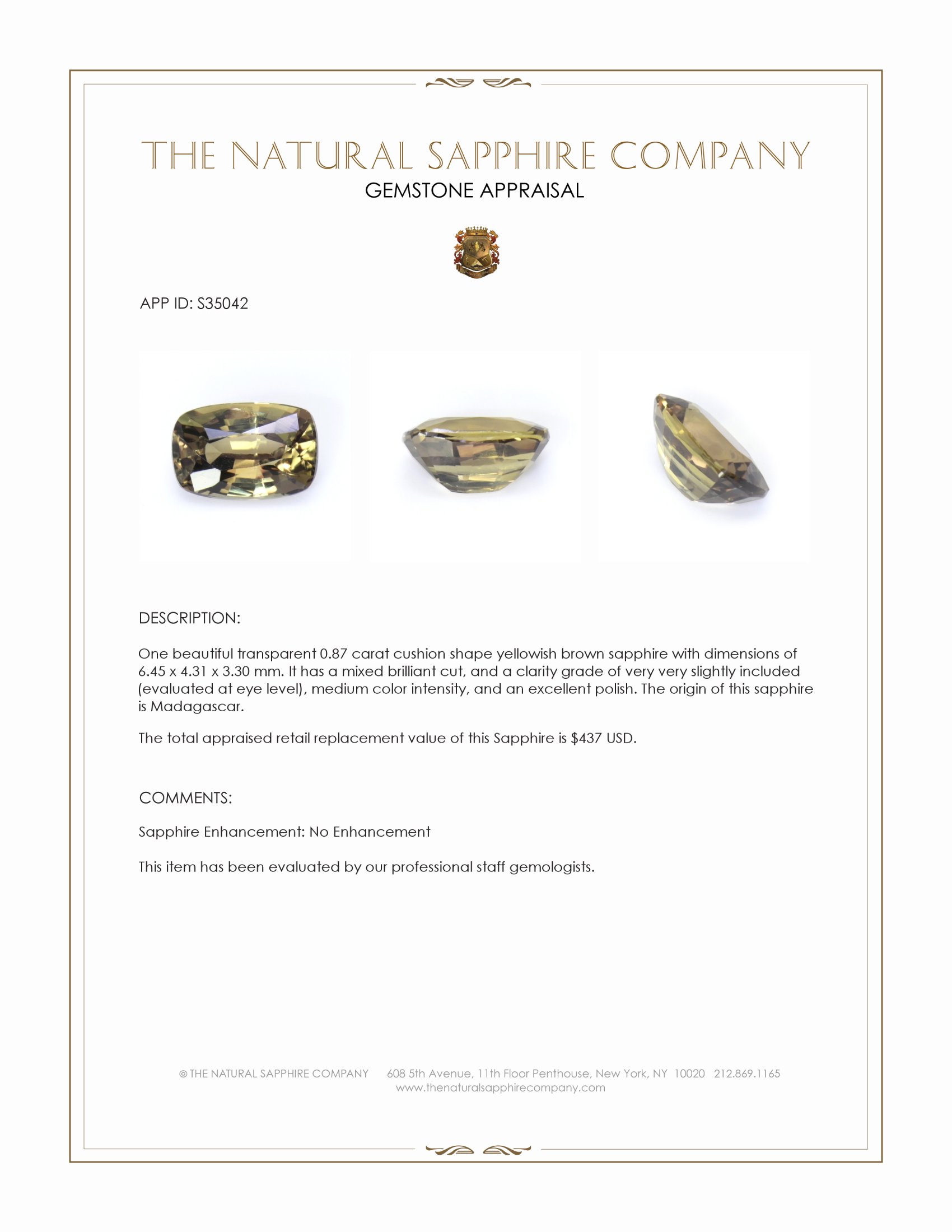 0.87 Ct. Yellowish Brown Sapphire from Madagascar