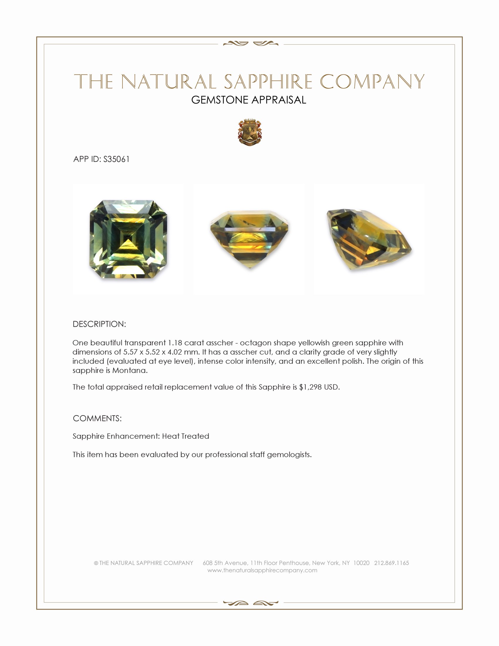 1.18 Ct. Yellowish Green Sapphire from Montana