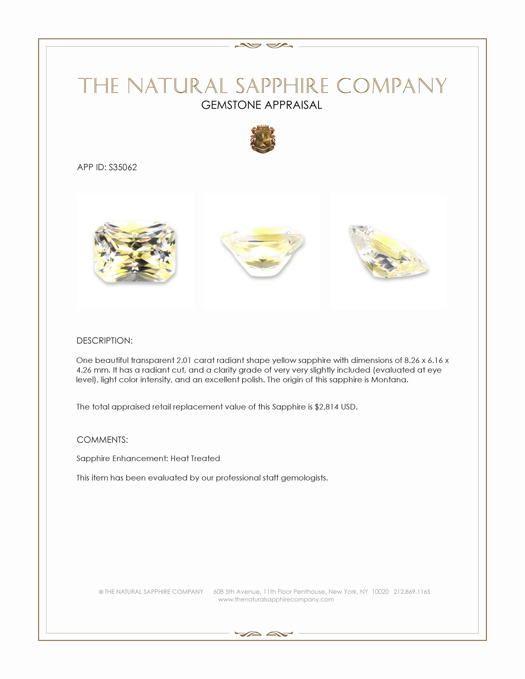 2.01 Ct. Yellow Sapphire from Montana