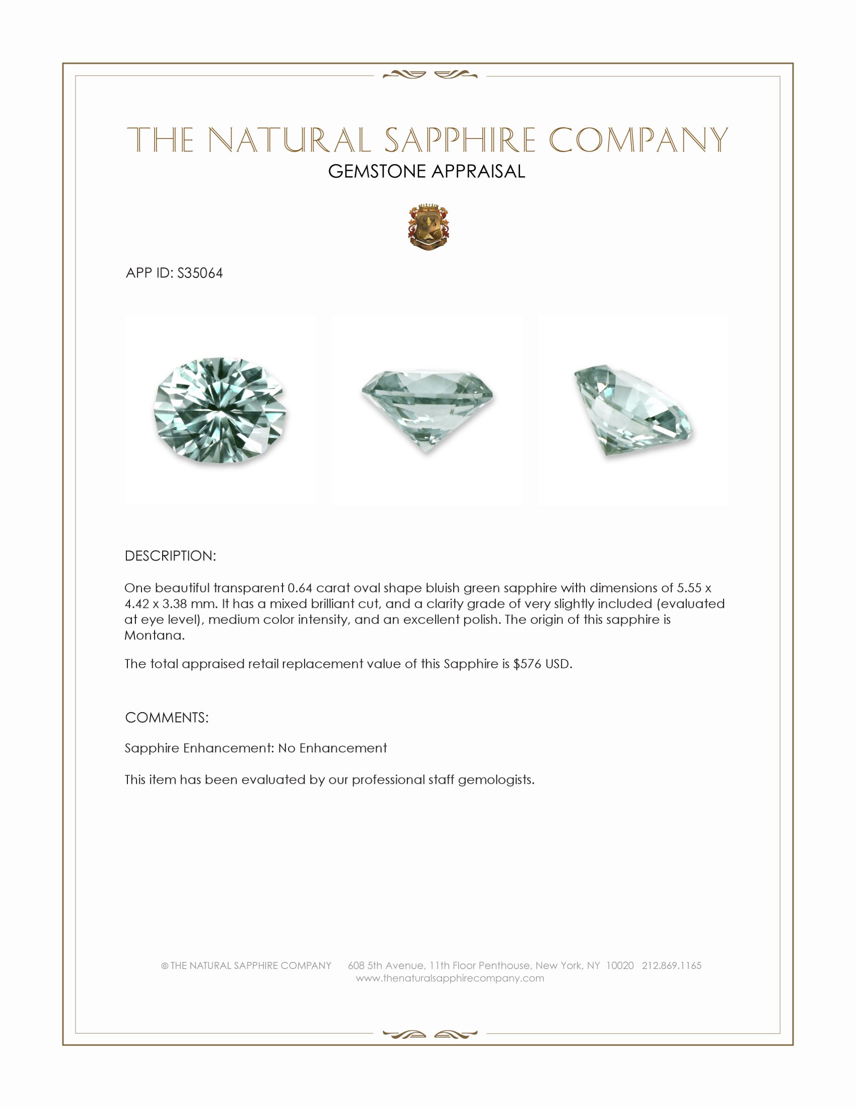0.64 Ct. Bluish Green Sapphire from Montana