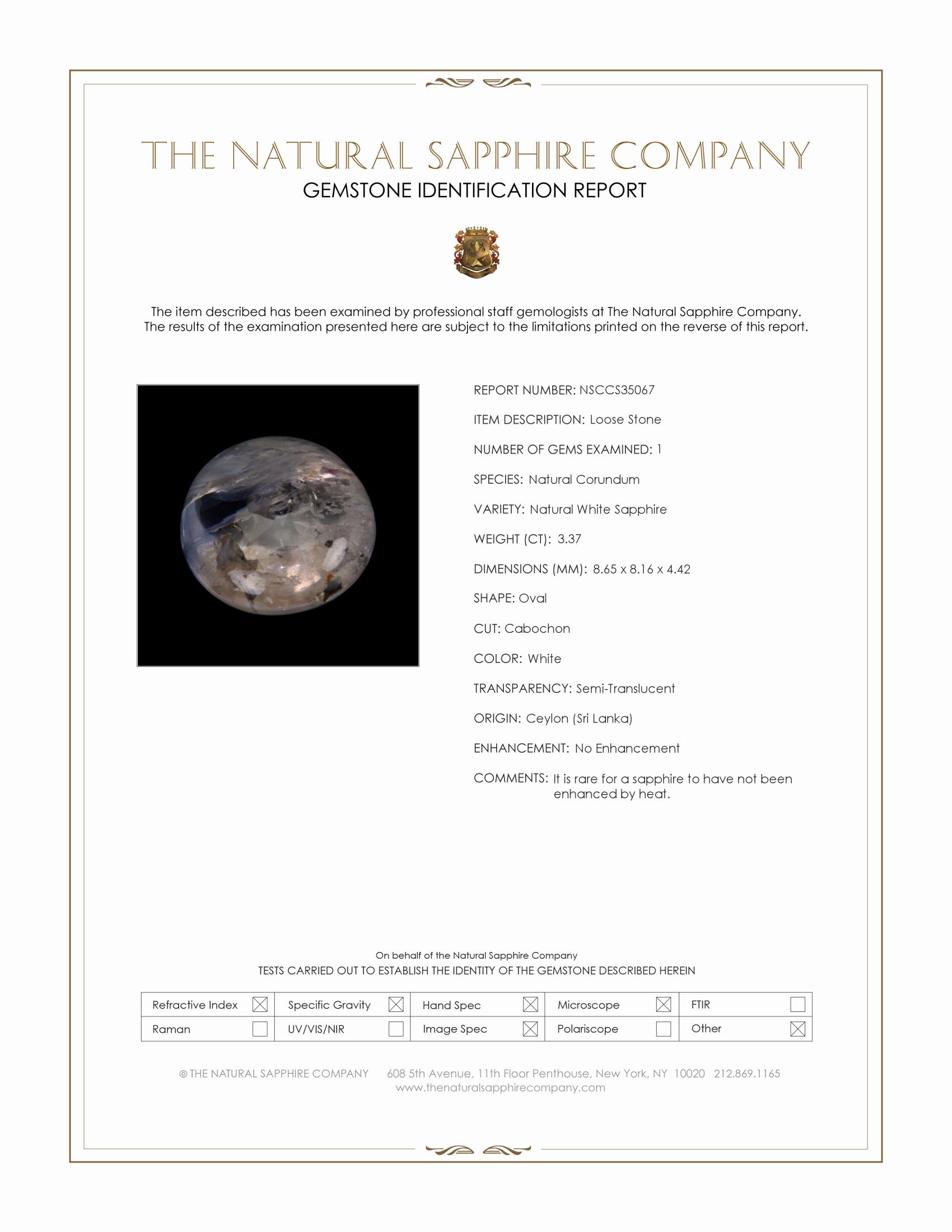 3.37 Ct. White Cabochon Sapphire from Ceylon (Sri Lanka)