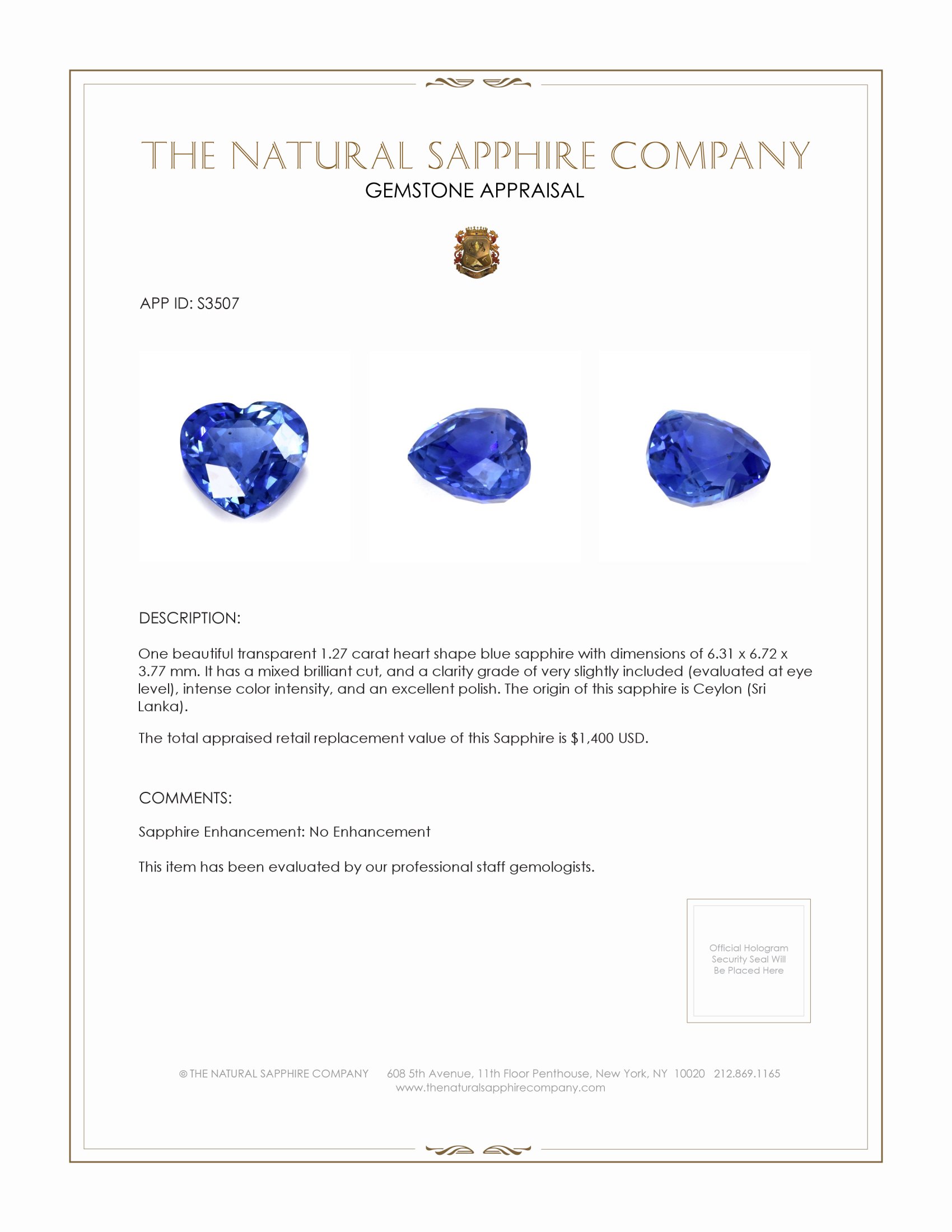 1.27 Ct. Blue Sapphire from Ceylon (Sri Lanka)
