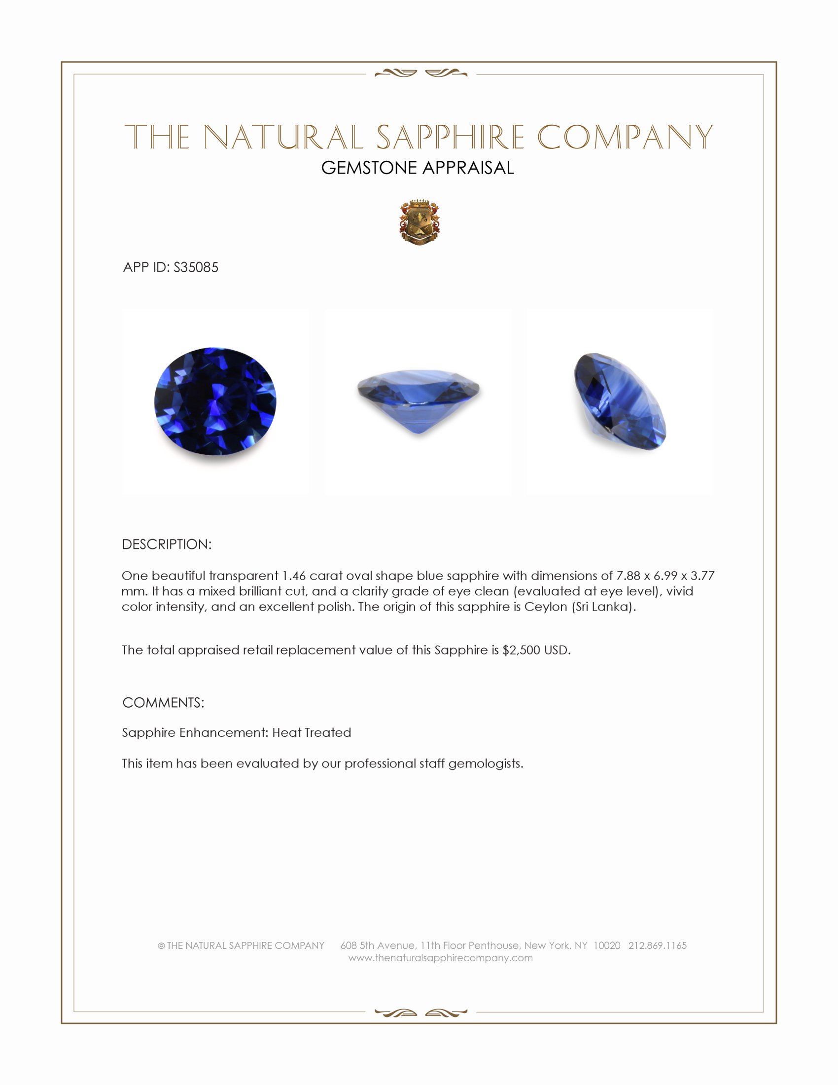 1.46 Ct. Blue Sapphire from Ceylon (Sri Lanka)