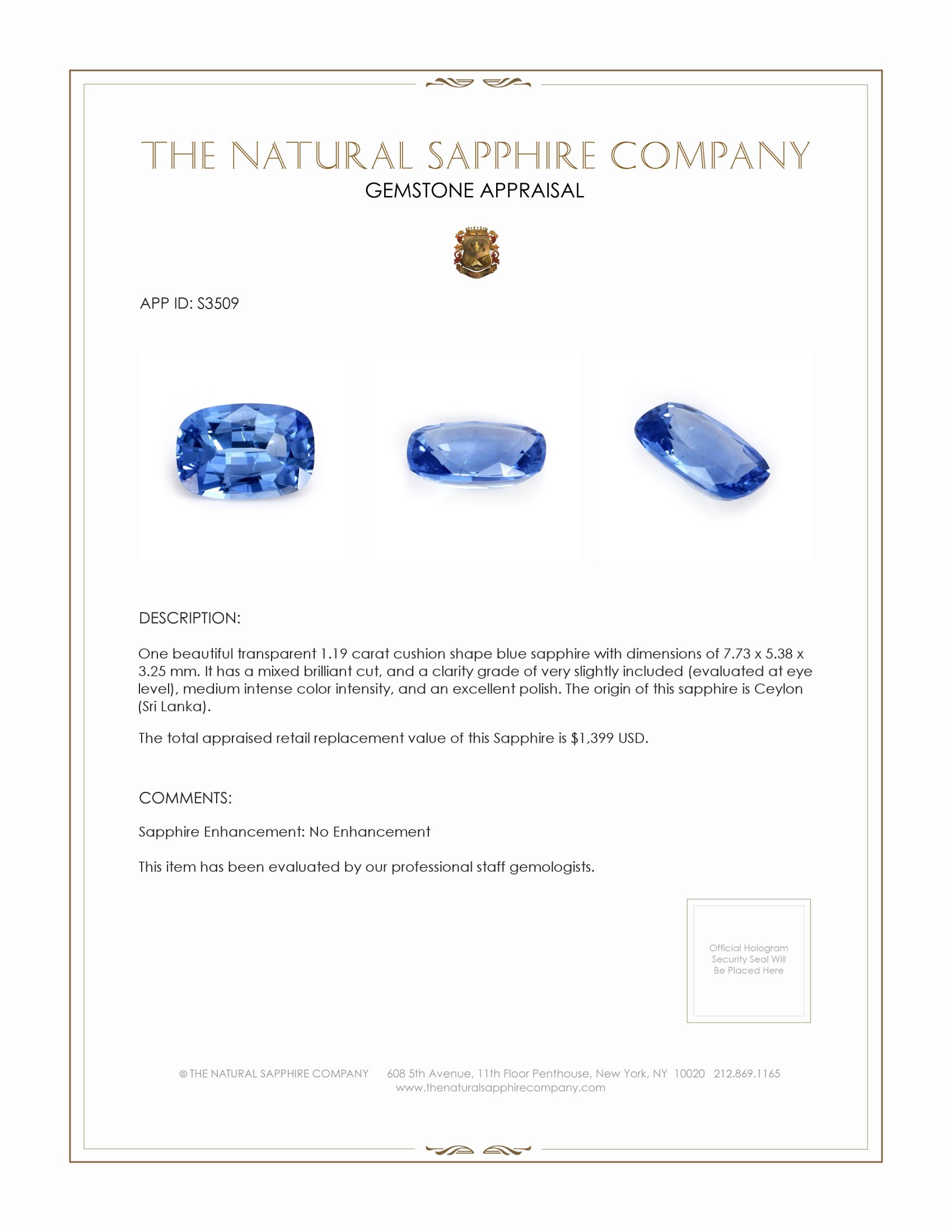 1.19 Ct. Blue Sapphire from Ceylon (Sri Lanka)