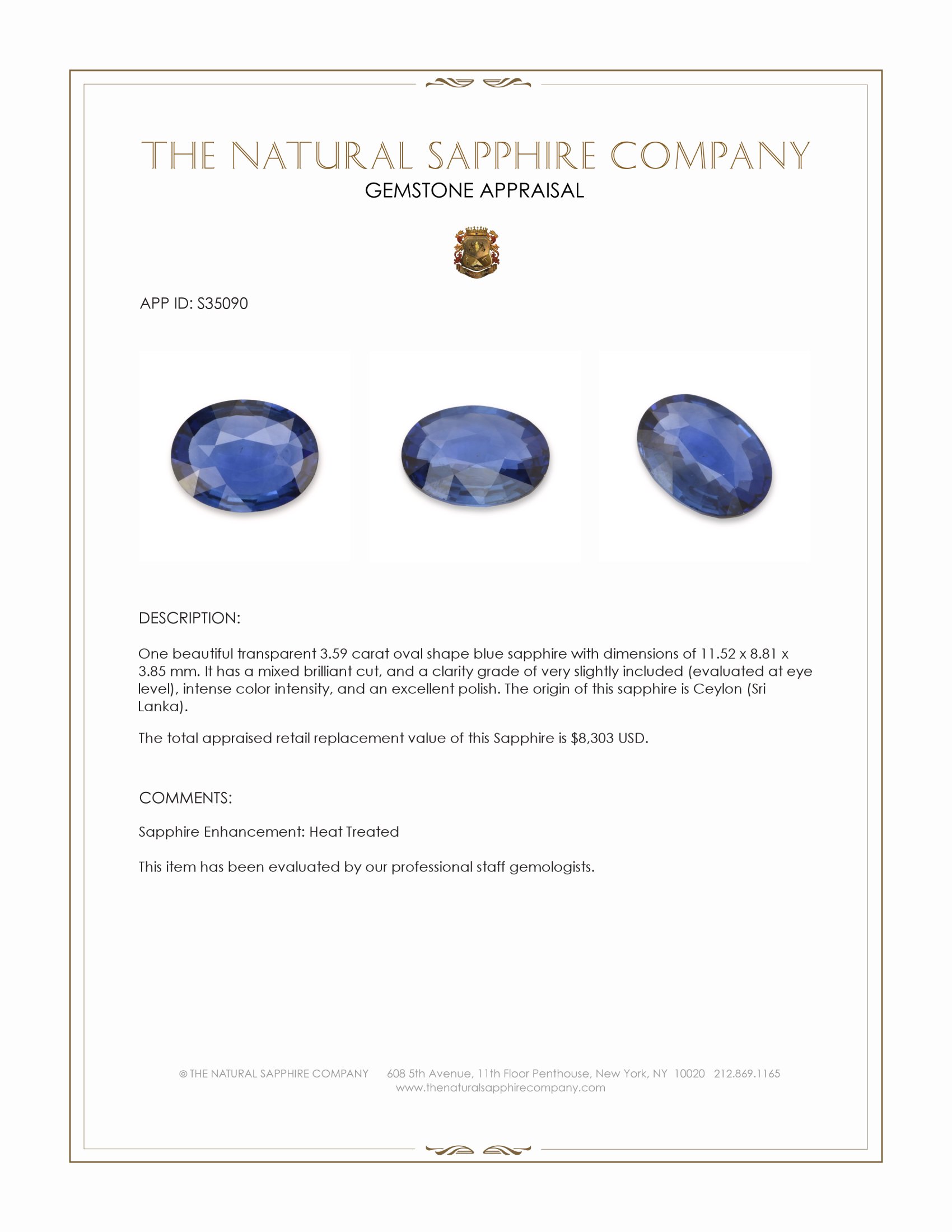 3.59 Ct. Blue Sapphire from Ceylon (Sri Lanka)
