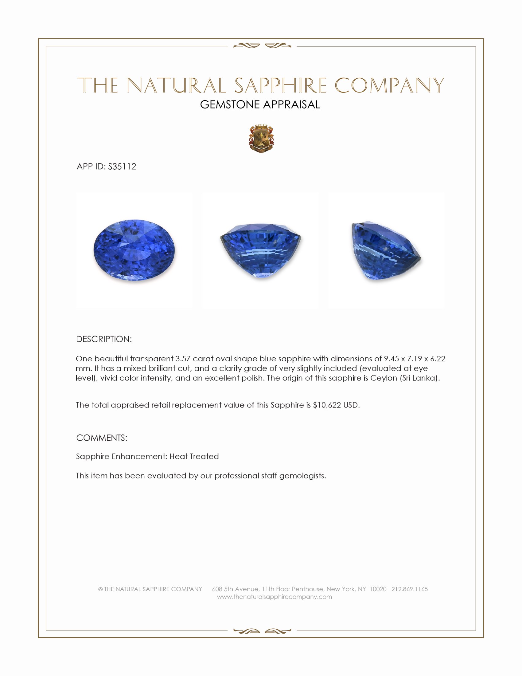3.57 Ct. Blue Sapphire from Ceylon (Sri Lanka)
