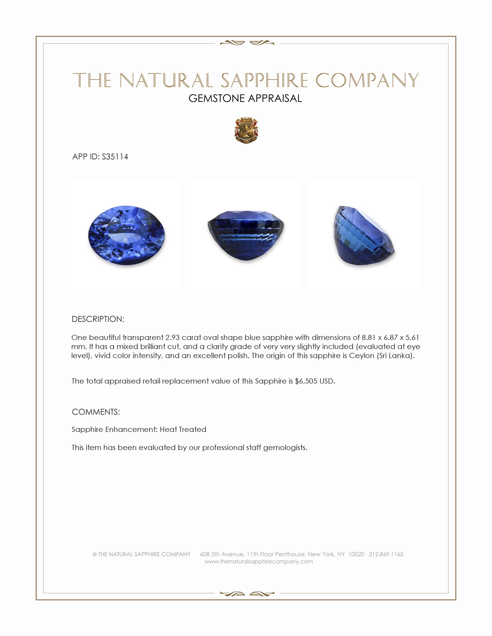 2.93 Ct. Blue Sapphire from Ceylon (Sri Lanka)