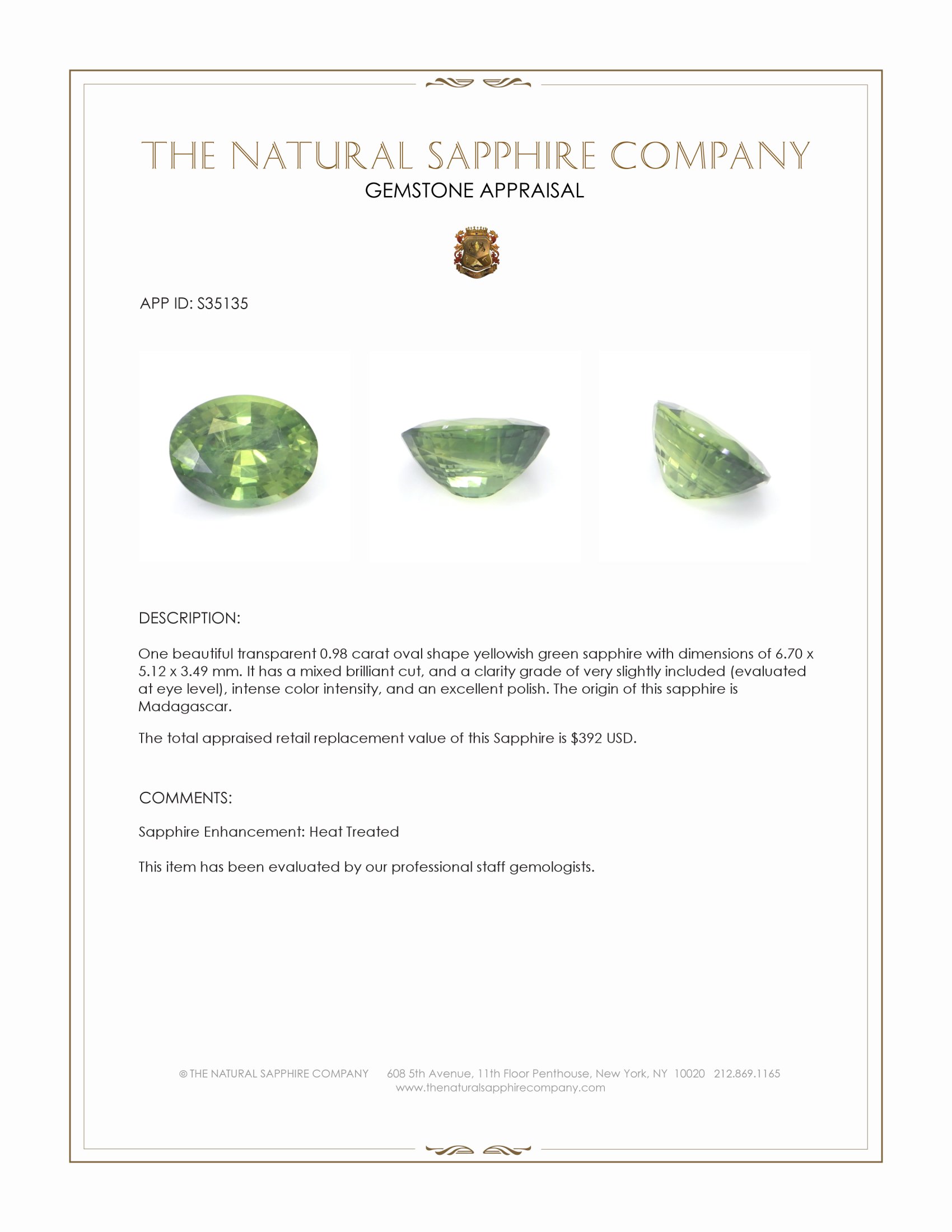 0.98 Ct. Yellowish Green Sapphire from Madagascar