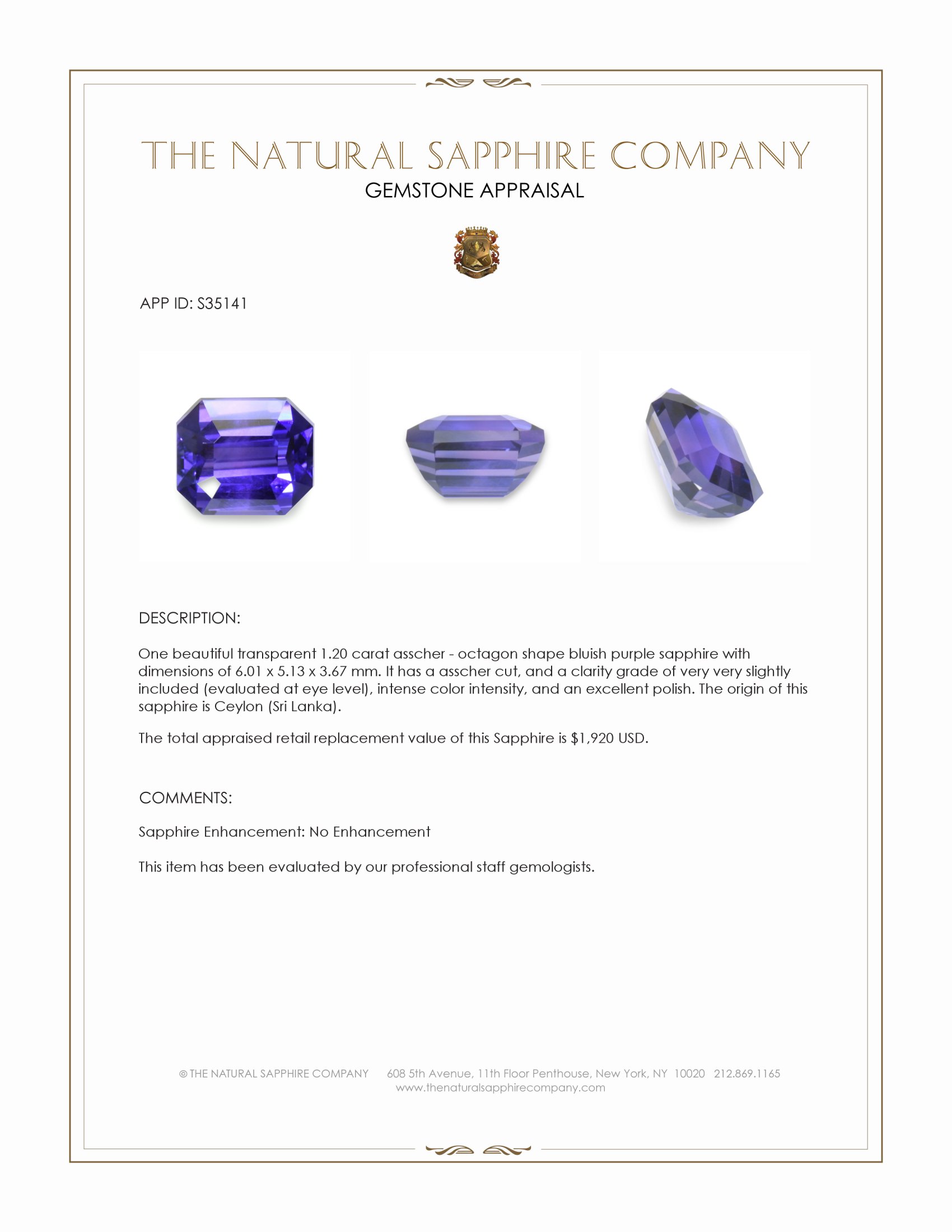1.20 Ct. Bluish Purple Sapphire from Ceylon (Sri Lanka)