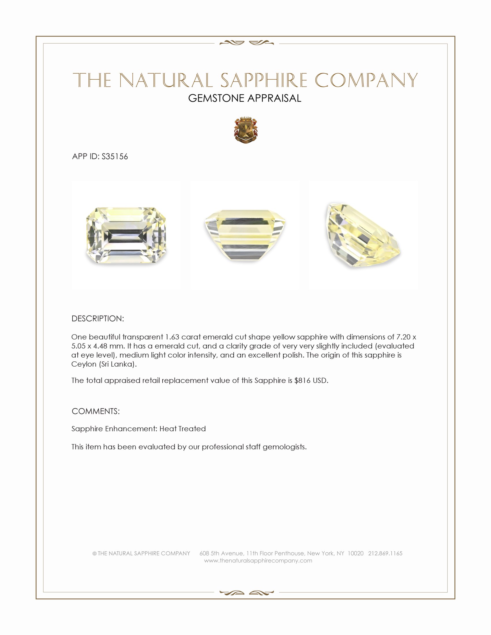 1.63 Ct. Yellow Sapphire from Ceylon (Sri Lanka)