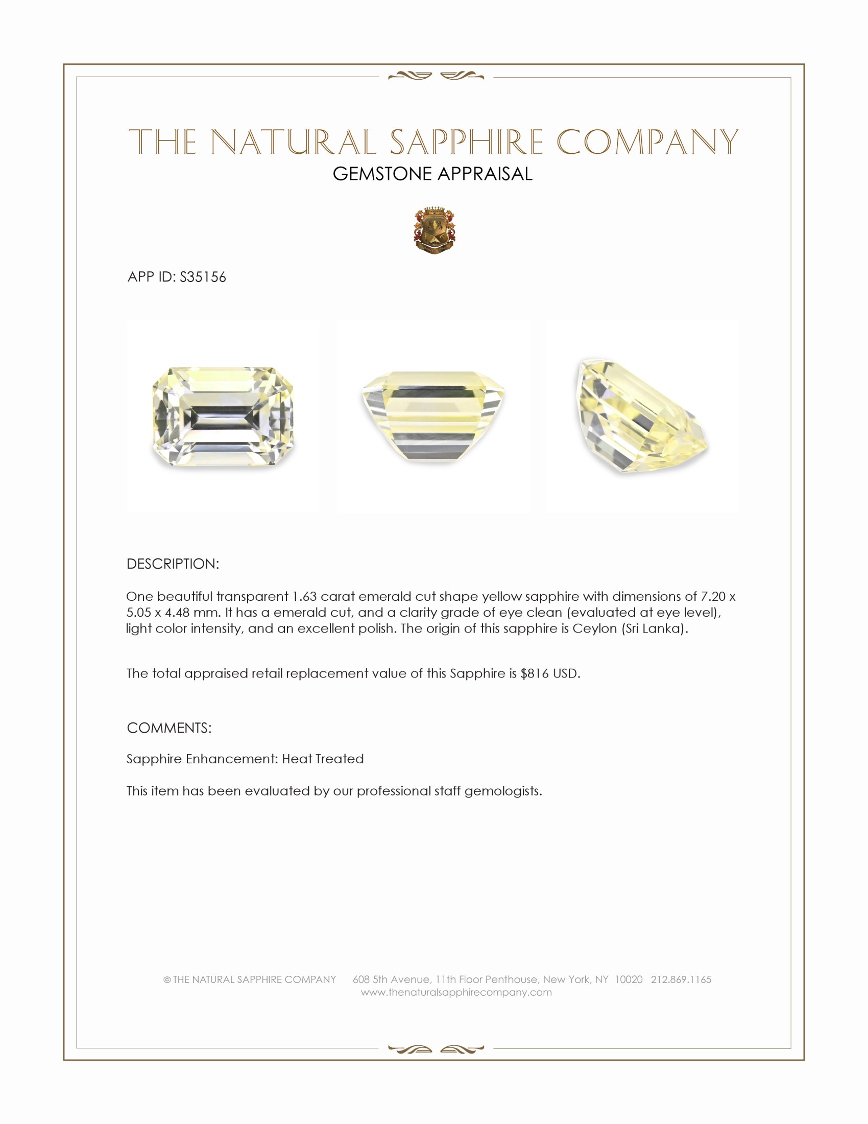 1.63 Ct. Yellow Sapphire from Ceylon (Sri Lanka)