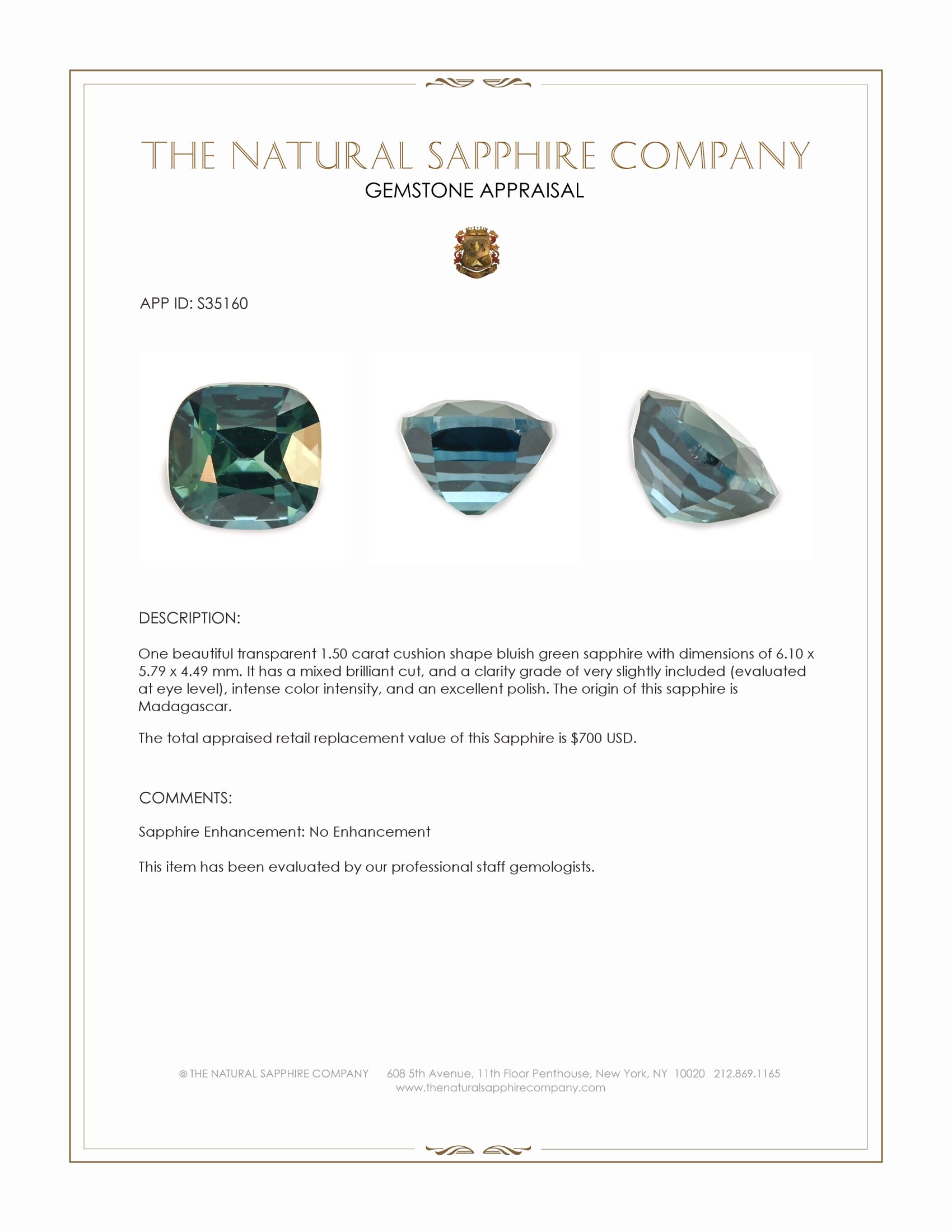 1.50 Ct. Bluish Green Sapphire from Madagascar