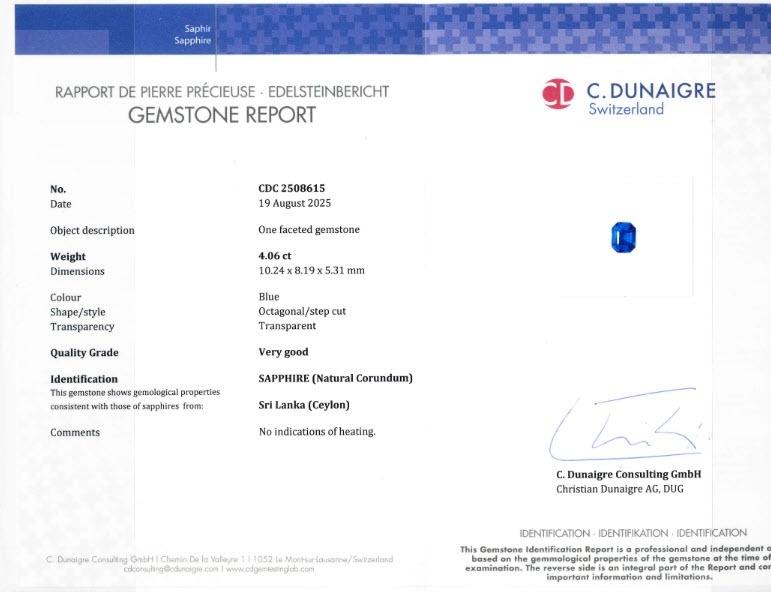 4.06 Ct. Blue Sapphire from Ceylon (Sri Lanka)
