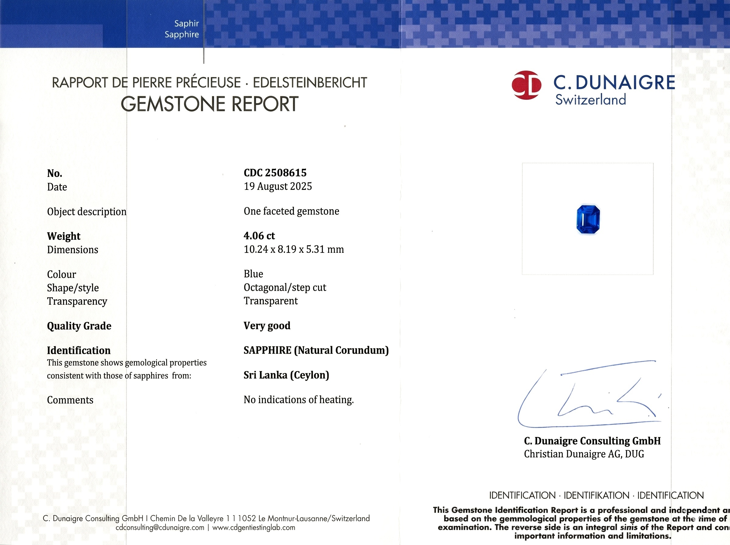 4.06 Ct. Blue Sapphire from Ceylon (Sri Lanka)