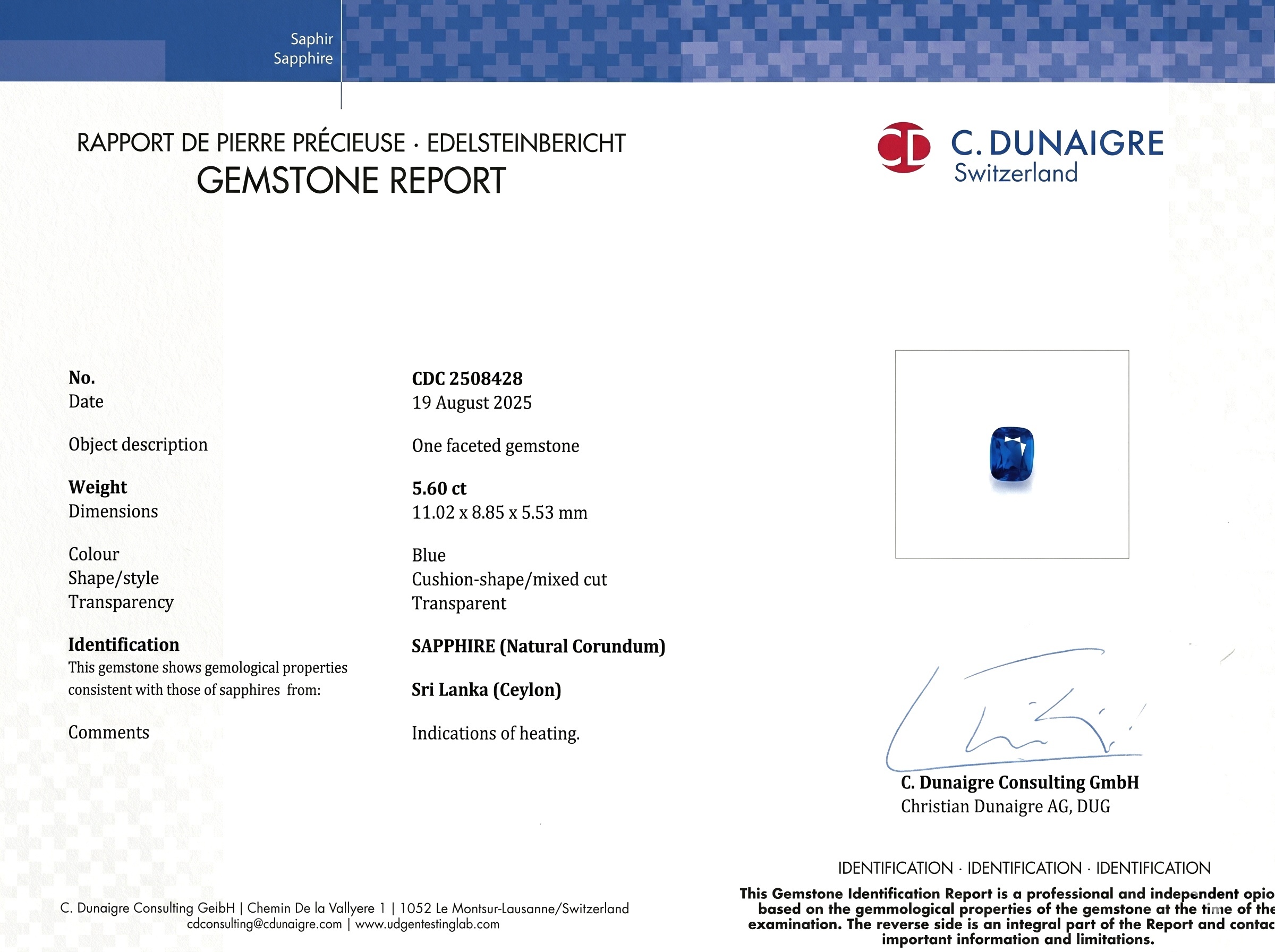 5.60 Ct. Blue Sapphire from Ceylon (Sri Lanka)