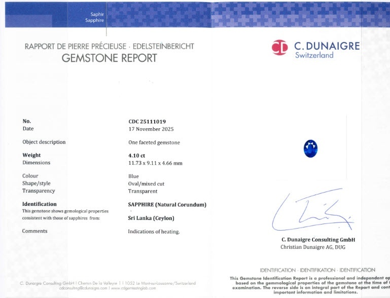 4.10 Ct. Blue Sapphire from Ceylon (Sri Lanka)