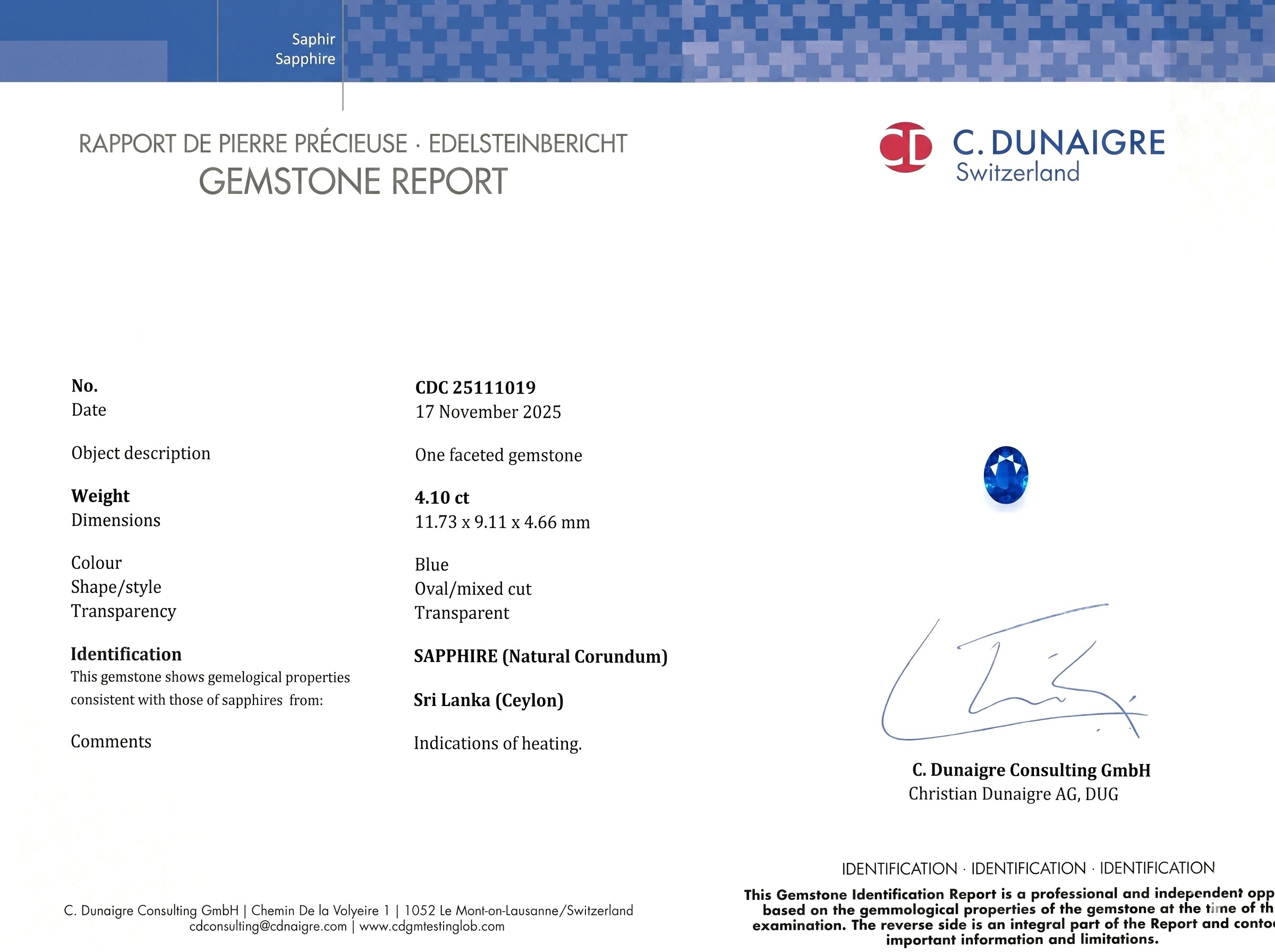 4.10 Ct. Blue Sapphire from Ceylon (Sri Lanka)