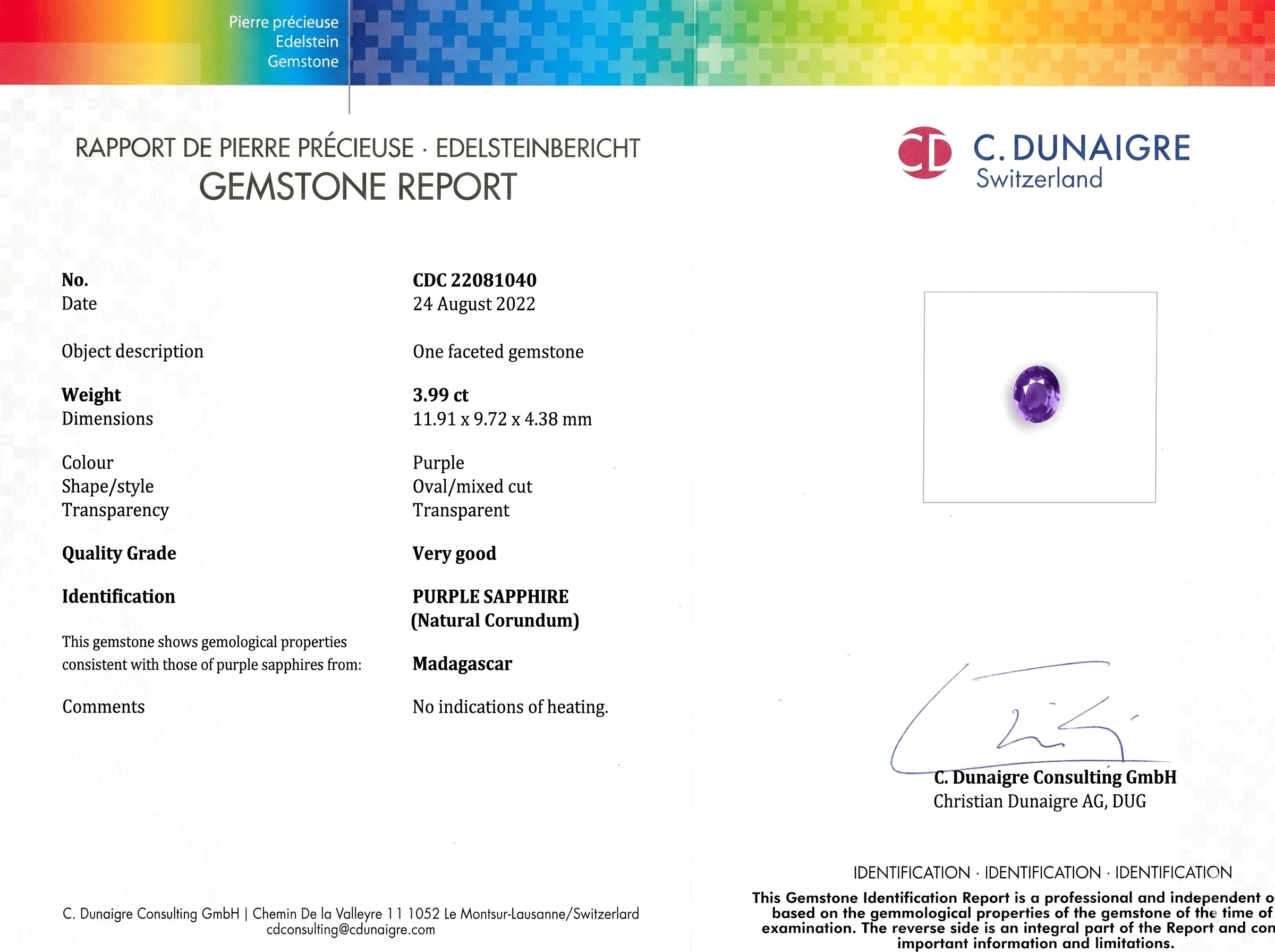 3.99 Ct. Purple Sapphire from Madagascar