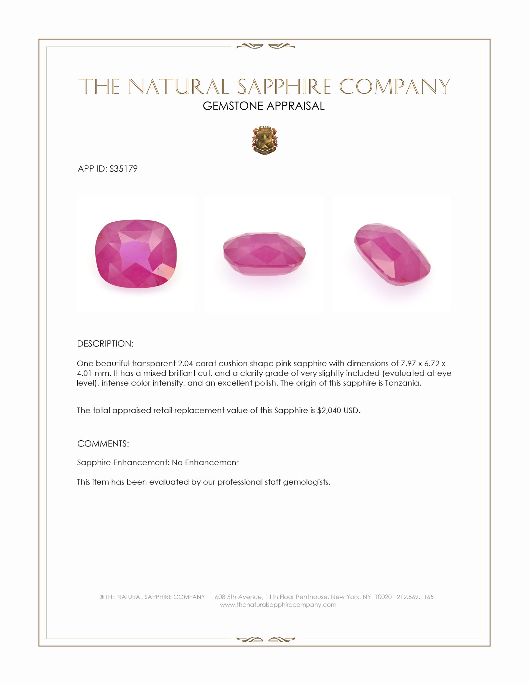 2.04 Ct. Pink Sapphire from Tanzania