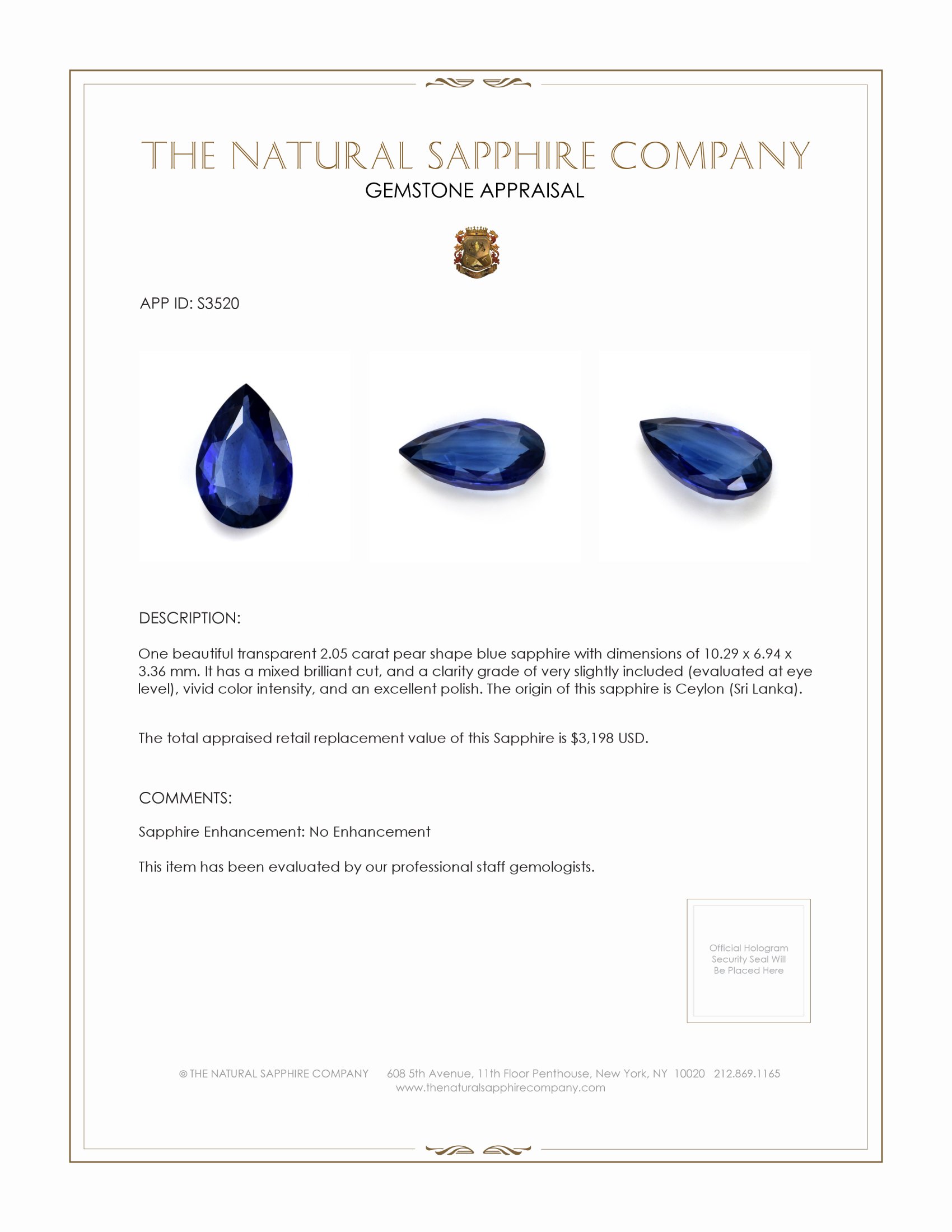 2.05 Ct. Blue Sapphire from Ceylon (Sri Lanka)