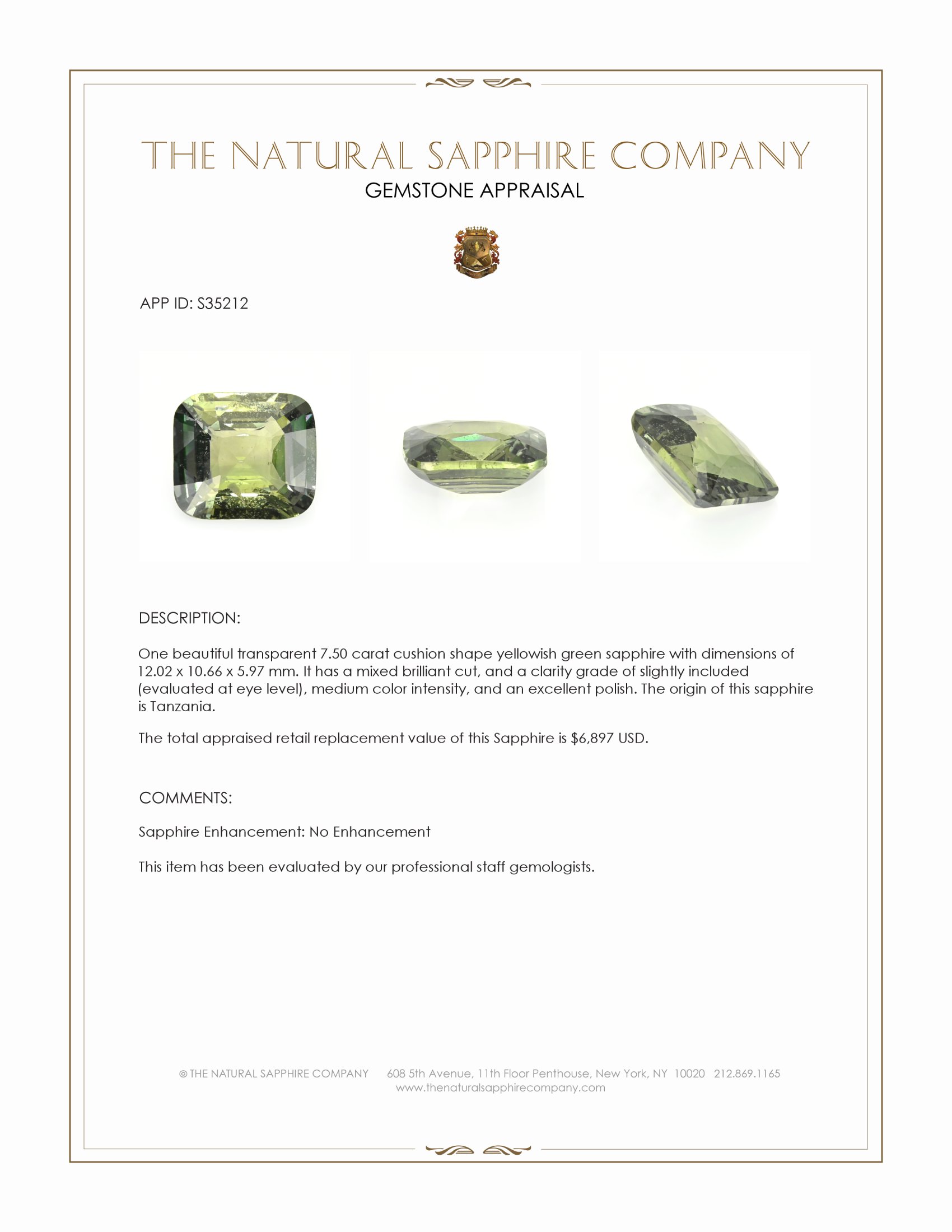 7.50 Ct. Yellowish Green Sapphire from Tanzania