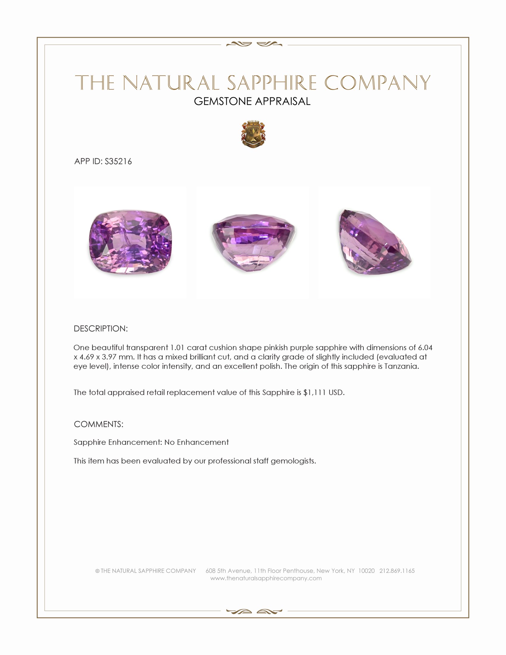 1.01 Ct. Pinkish Purple Sapphire from Tanzania