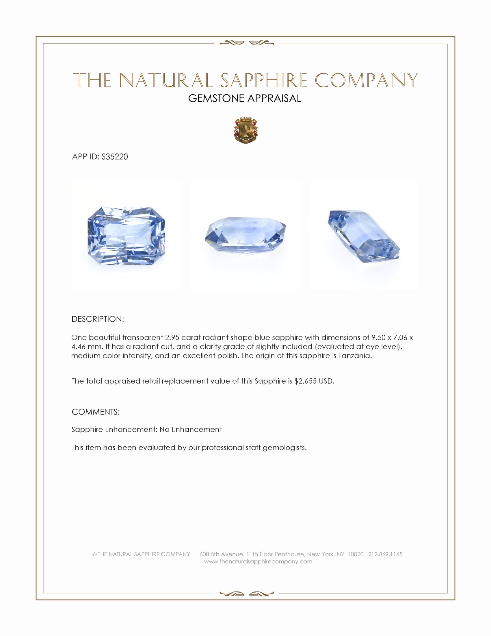 2.95 Ct. Blue Sapphire from Tanzania