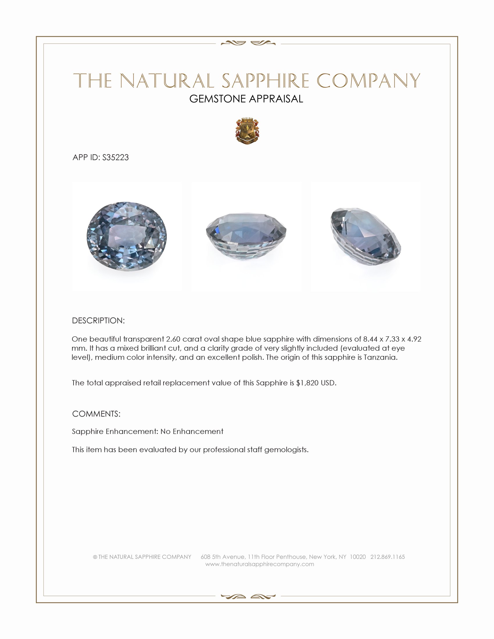 2.60 Ct. Greyish Blue Sapphire from Tanzania