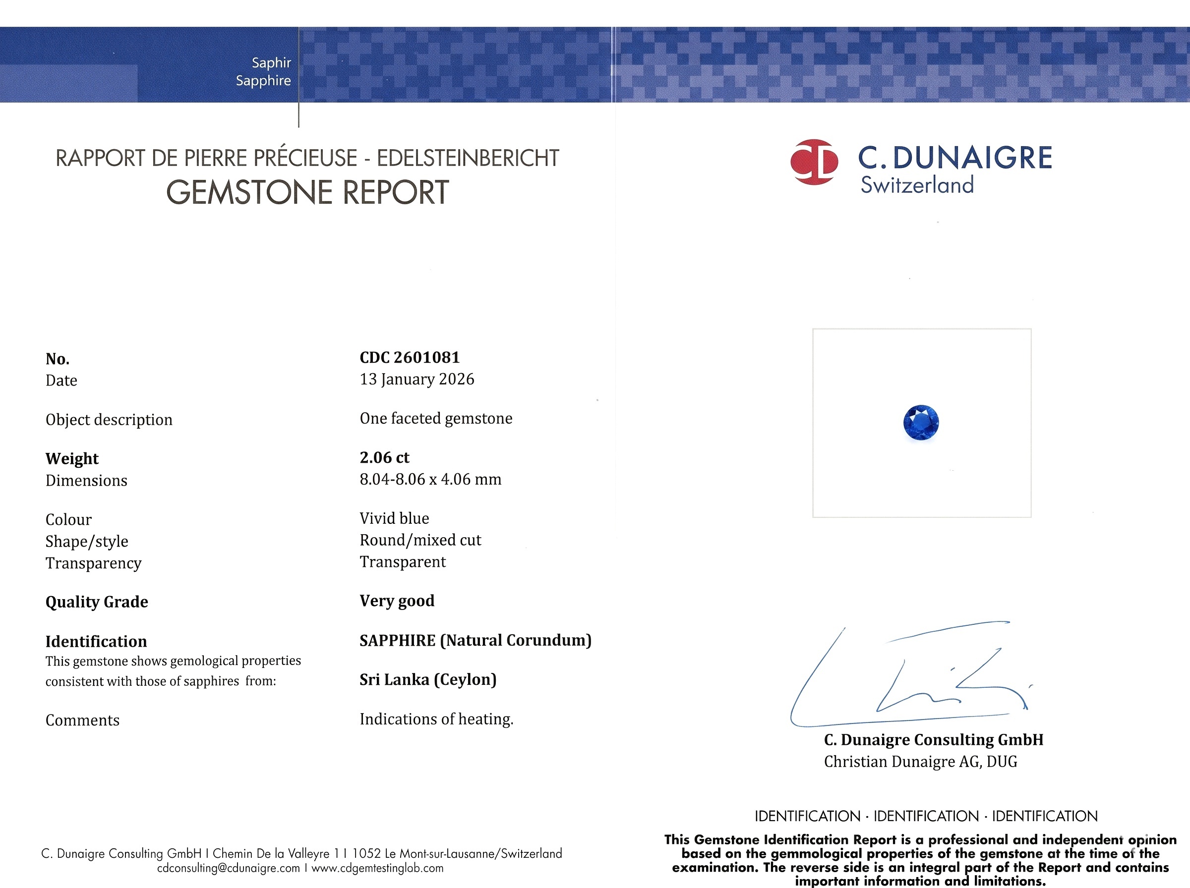 2.06 Ct. Blue Sapphire from Ceylon (Sri Lanka)