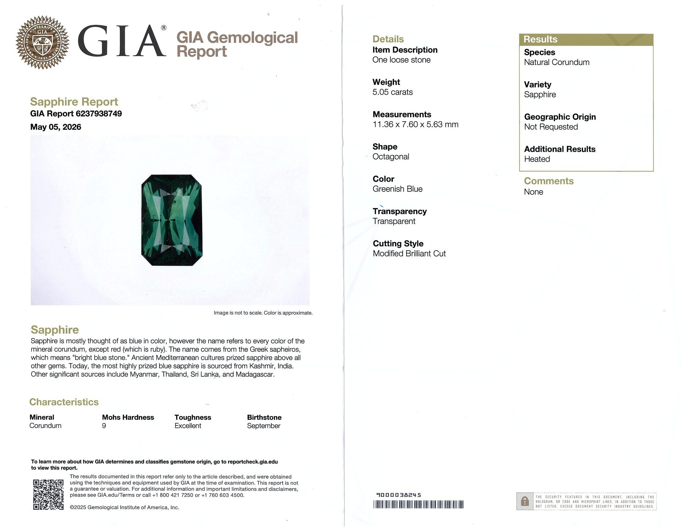 4.37 Ct. Bluish Green Sapphire from Ceylon (Sri Lanka)