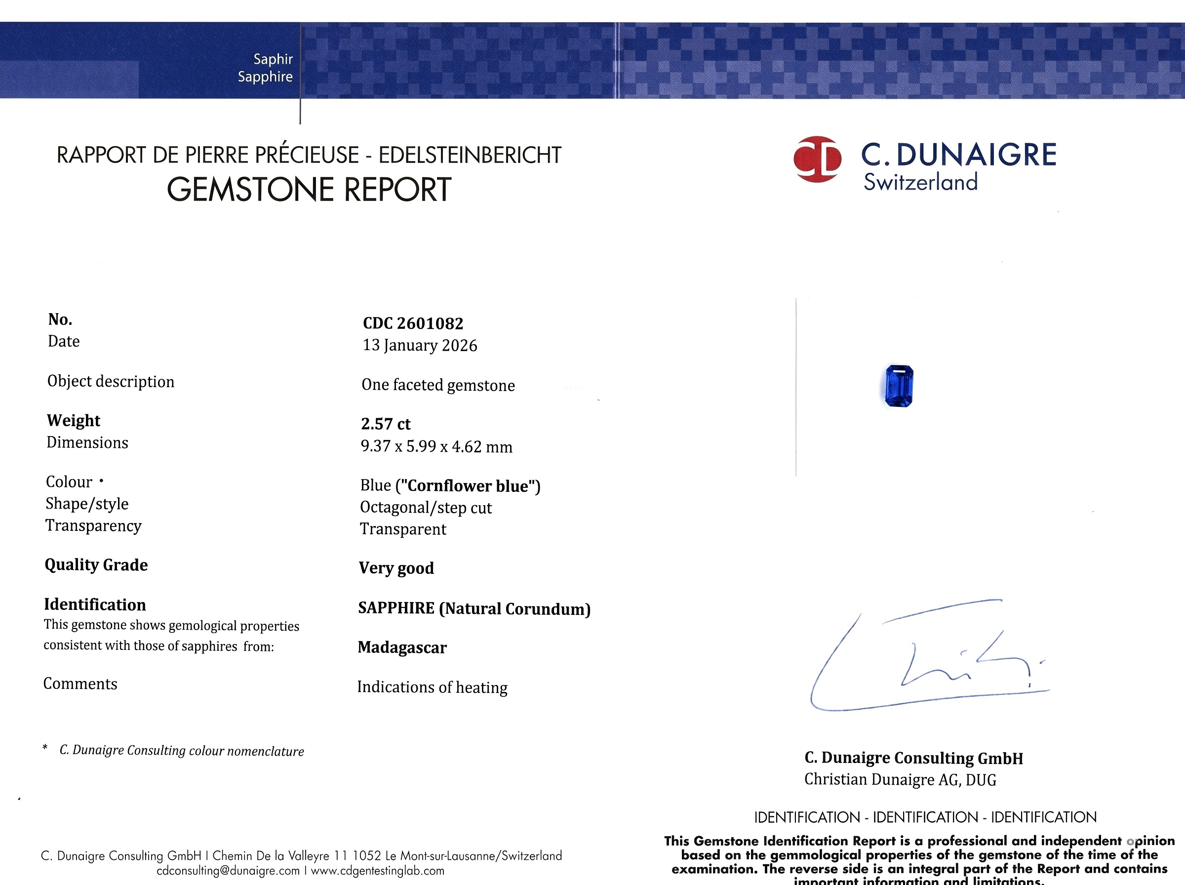 2.57 Ct. Blue Sapphire from Madagascar