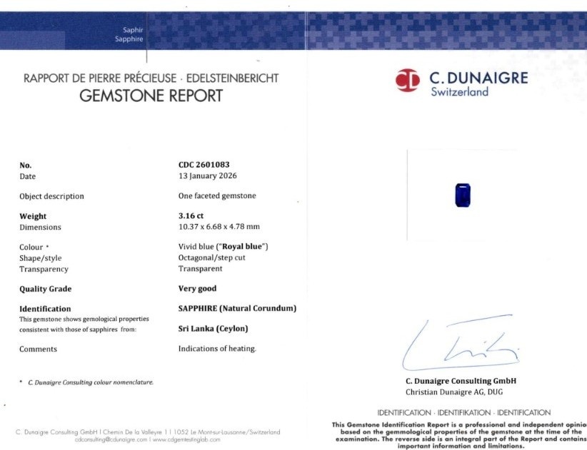 3.16 Ct. Blue Sapphire from Ceylon (Sri Lanka)