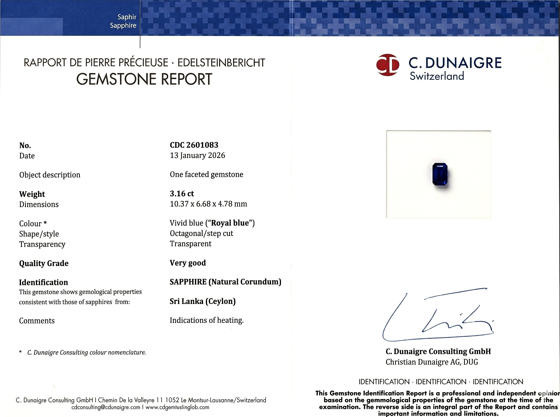 3.16 Ct. Blue Sapphire from Ceylon (Sri Lanka)