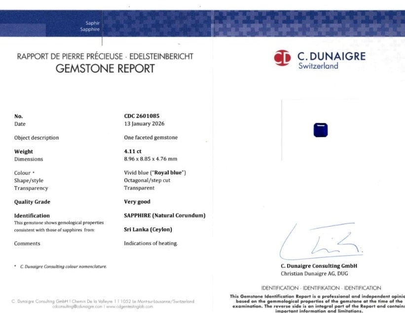 4.11 Ct. Blue Sapphire from Ceylon (Sri Lanka)