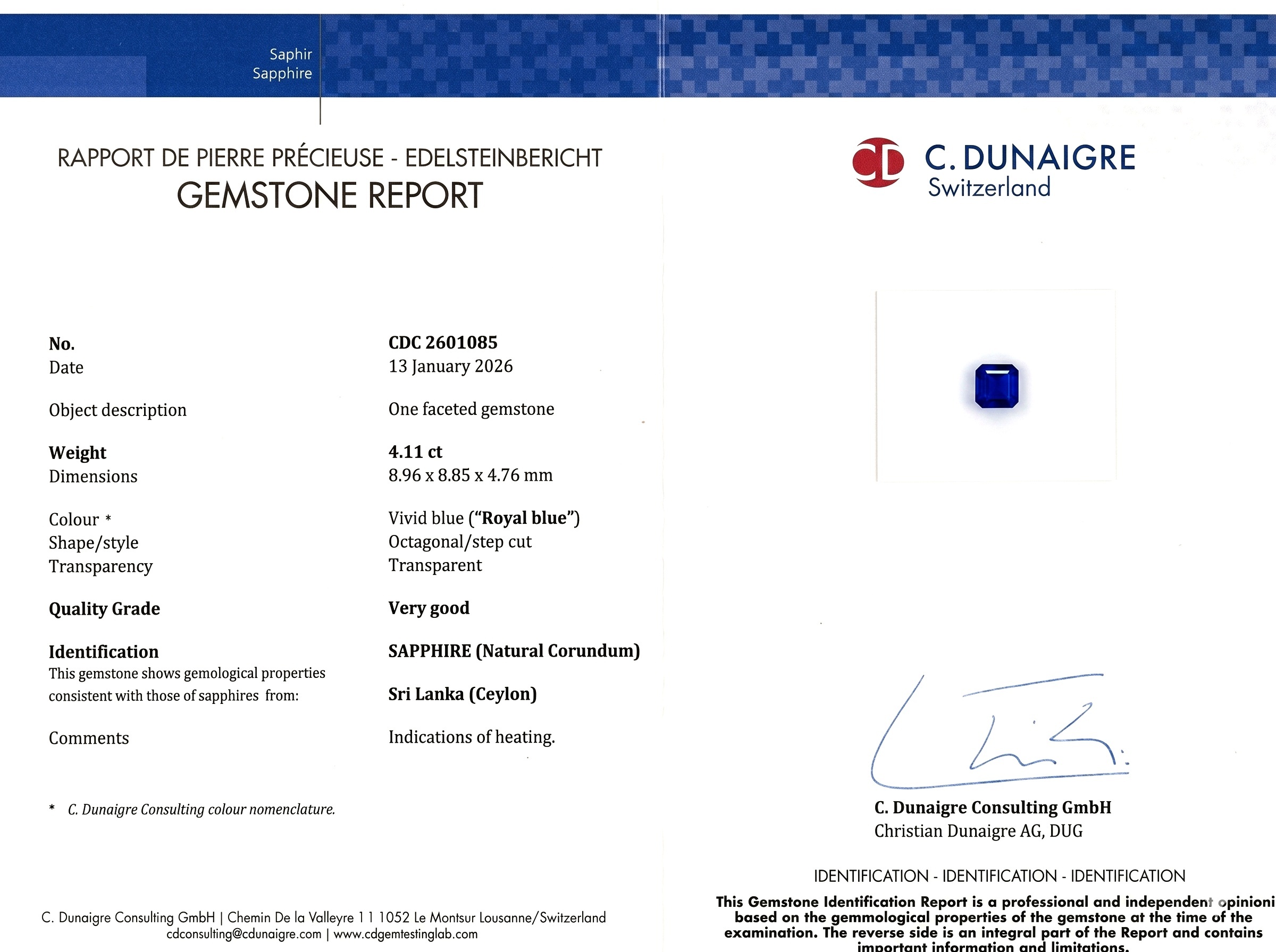 4.11 Ct. Blue Sapphire from Ceylon (Sri Lanka)