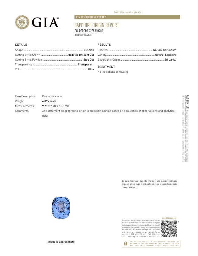 4.09 Ct. Blue Sapphire from Ceylon (Sri Lanka)