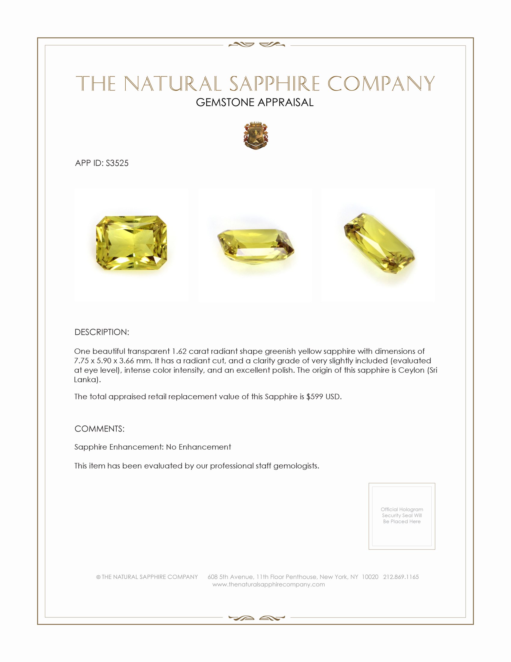 1.62 Ct. Greenish Yellow Sapphire from Ceylon (Sri Lanka)