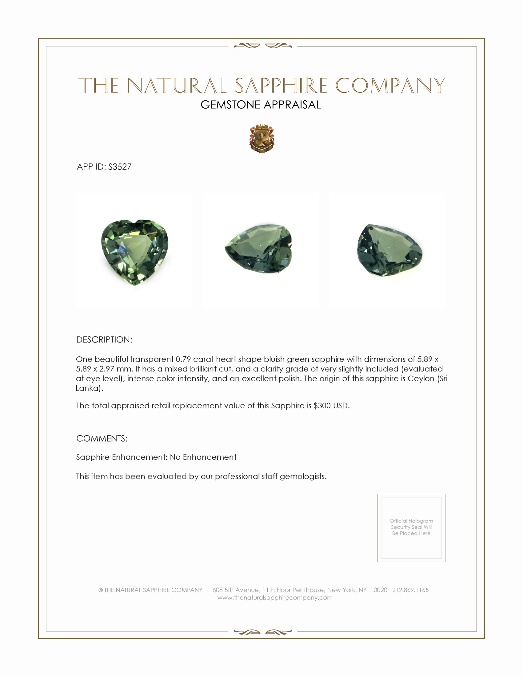 0.79 Ct. Bluish Green Sapphire from Ceylon (Sri Lanka)