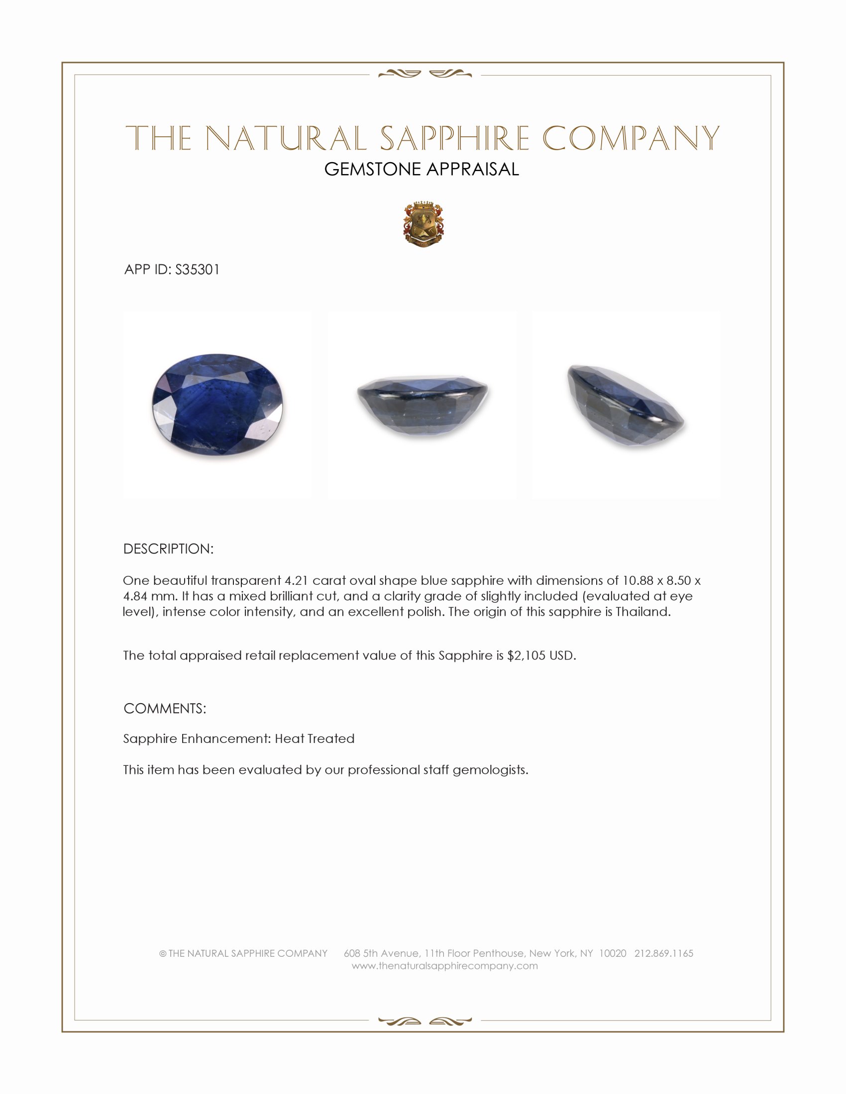 4.21 Ct. Blue Sapphire from Thailand