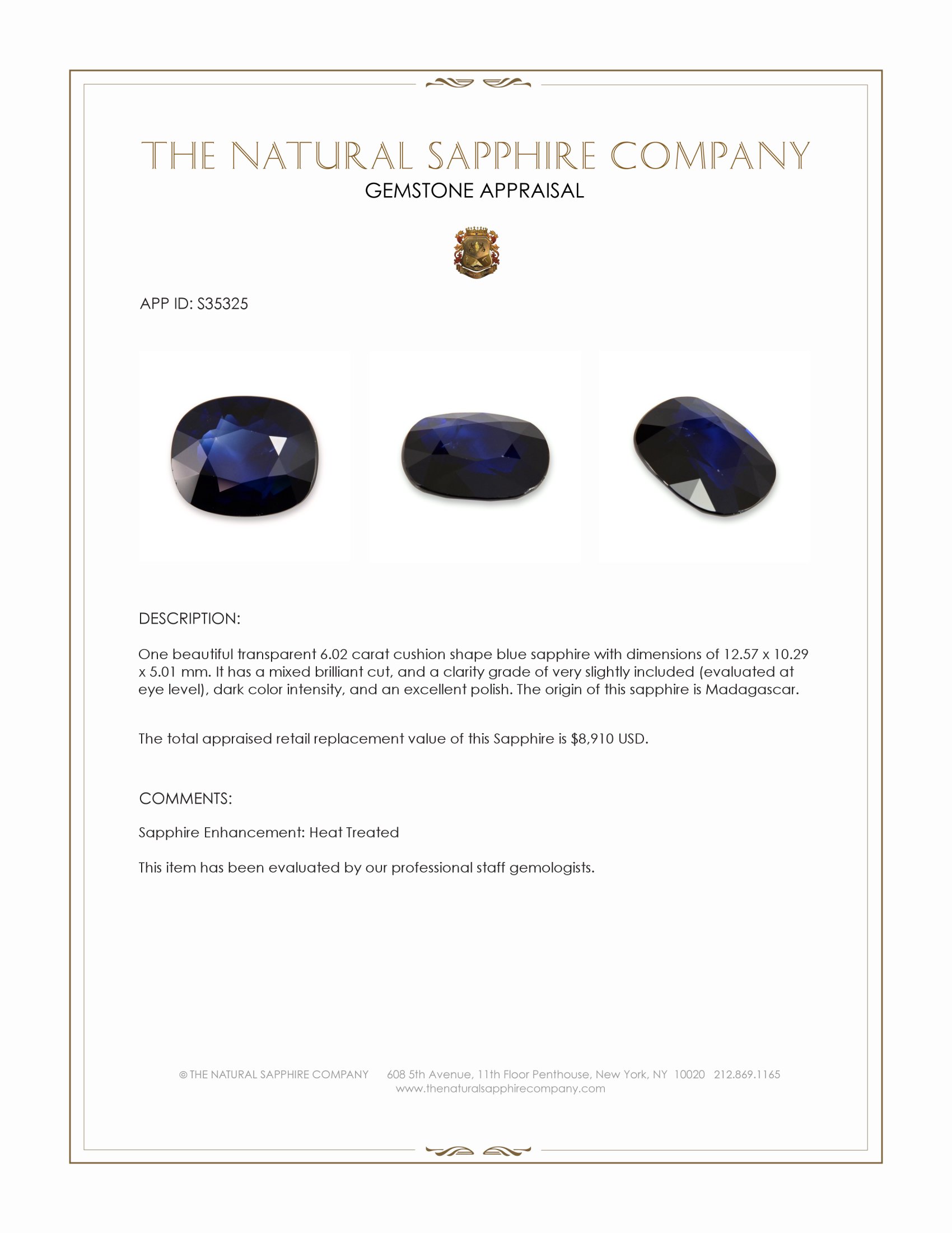 6.02 Ct. Blue Sapphire from Madagascar