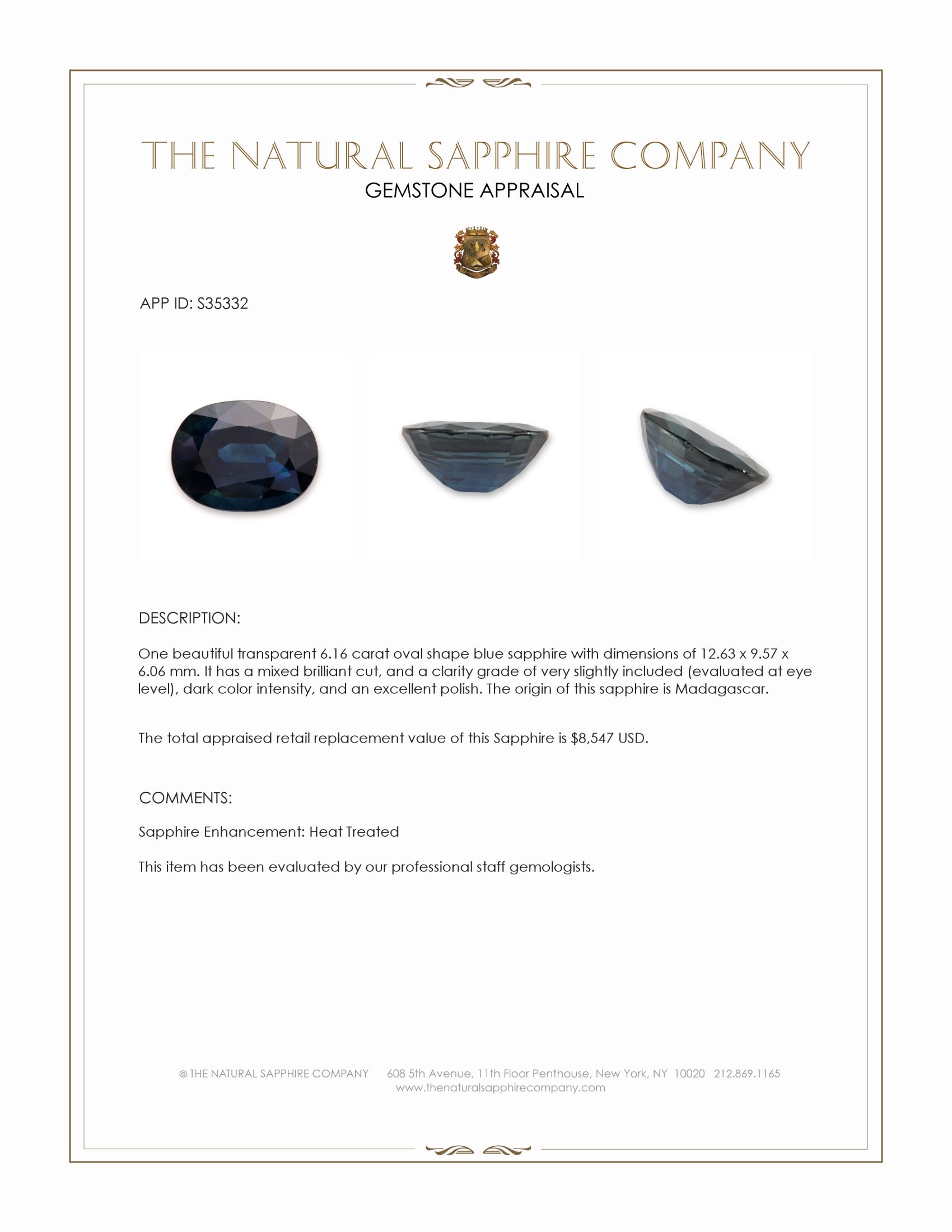 6.16 Ct. Blue Sapphire from Madagascar
