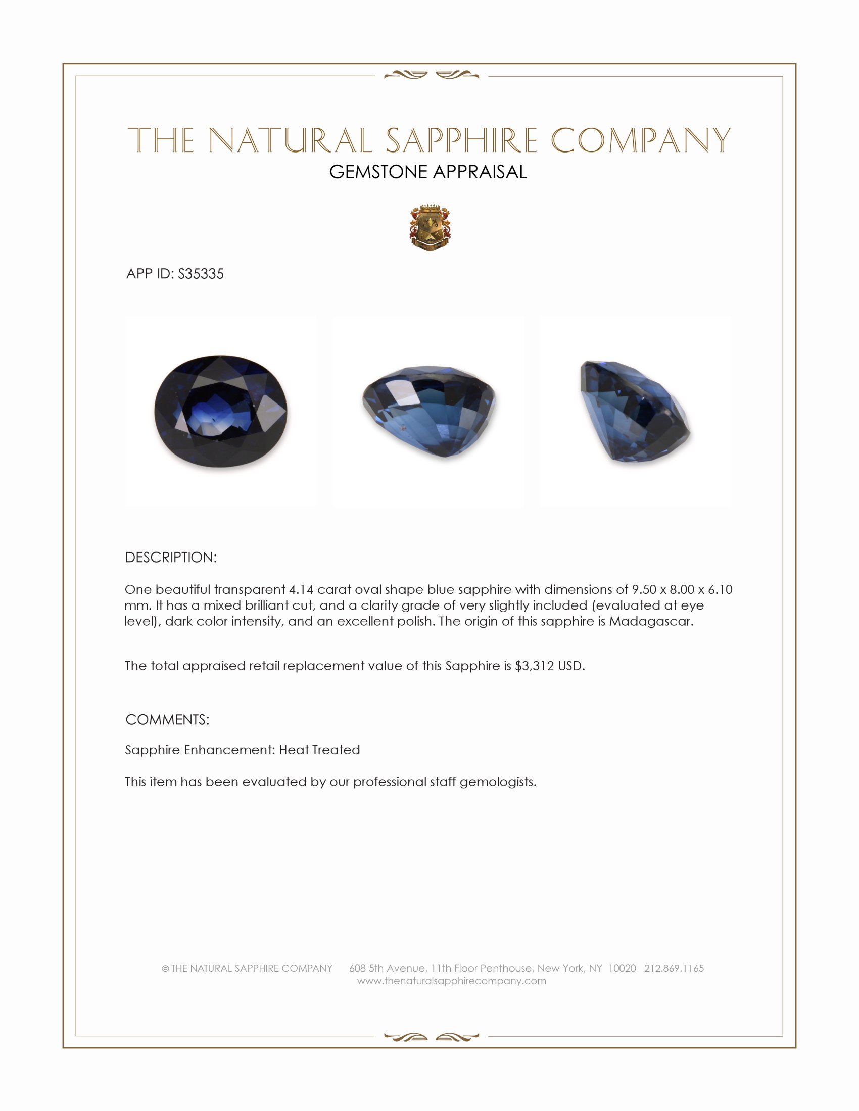 4.14 Ct. Blue Sapphire from Madagascar