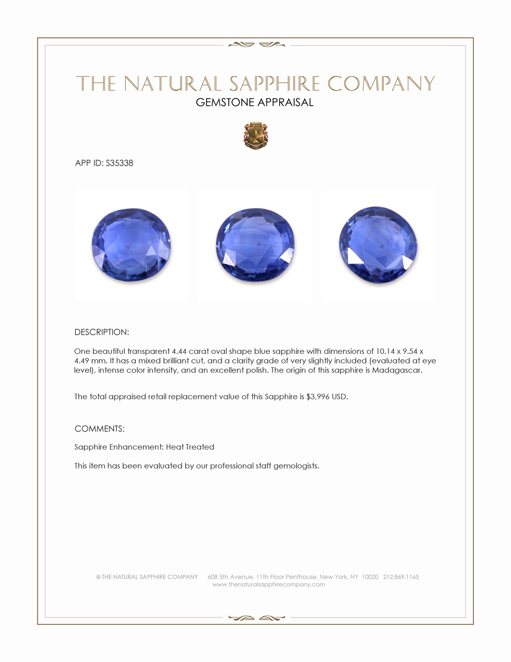 4.44 Ct. Blue Sapphire from Madagascar
