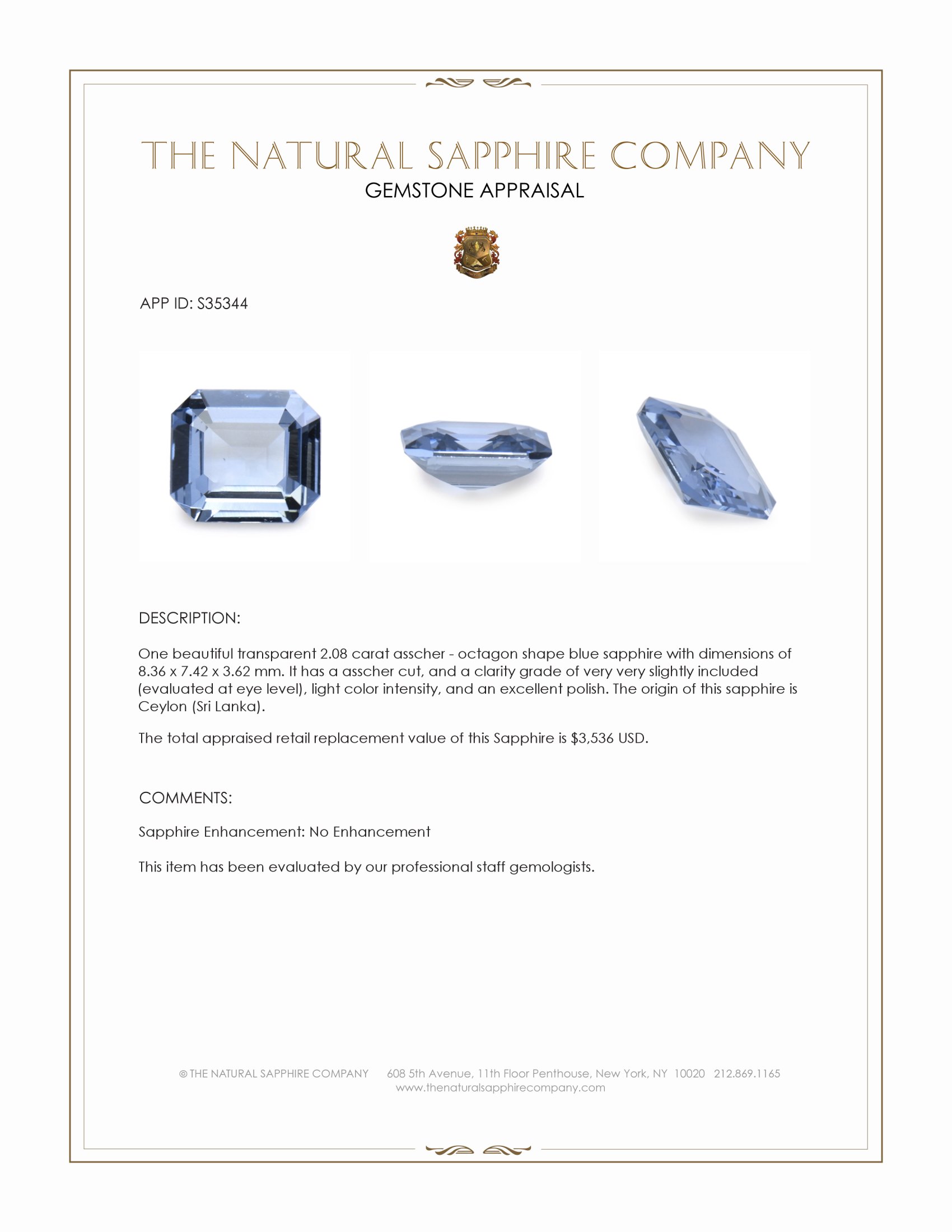 2.08 Ct. Blue Sapphire from Ceylon (Sri Lanka)