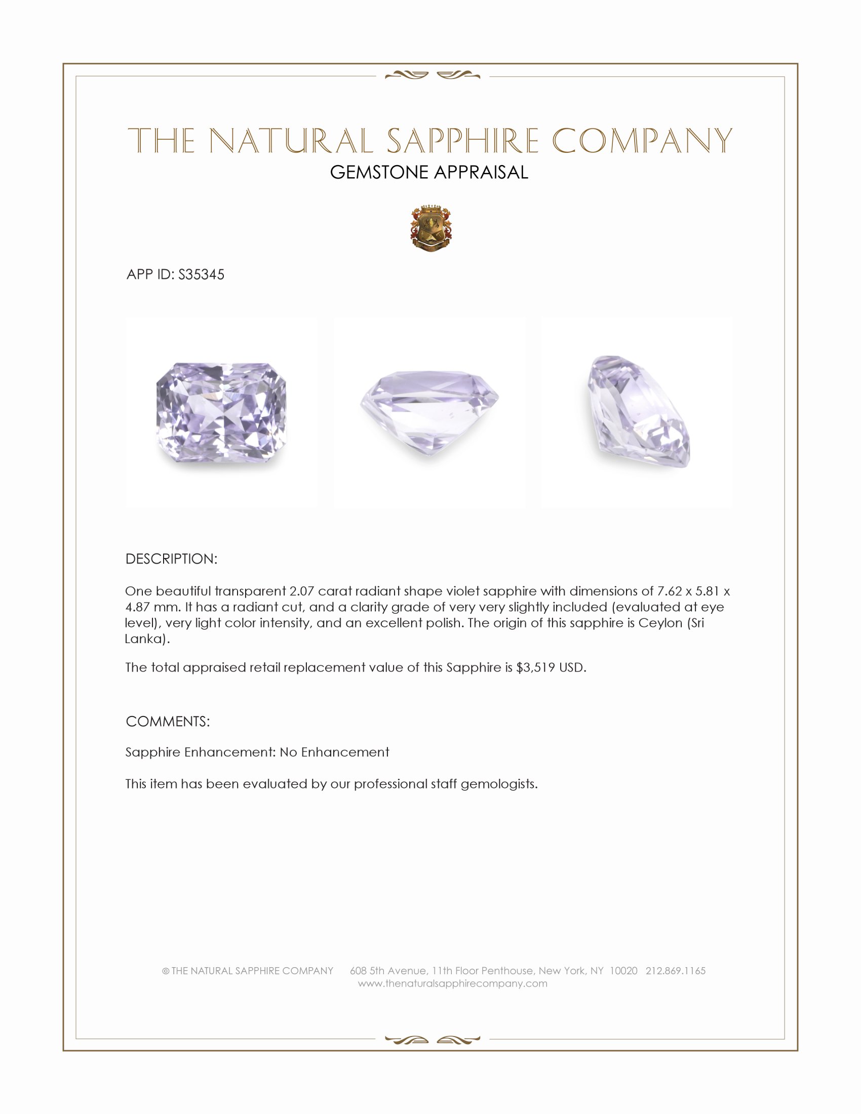 2.07 Ct. Violet Sapphire from Ceylon (Sri Lanka)