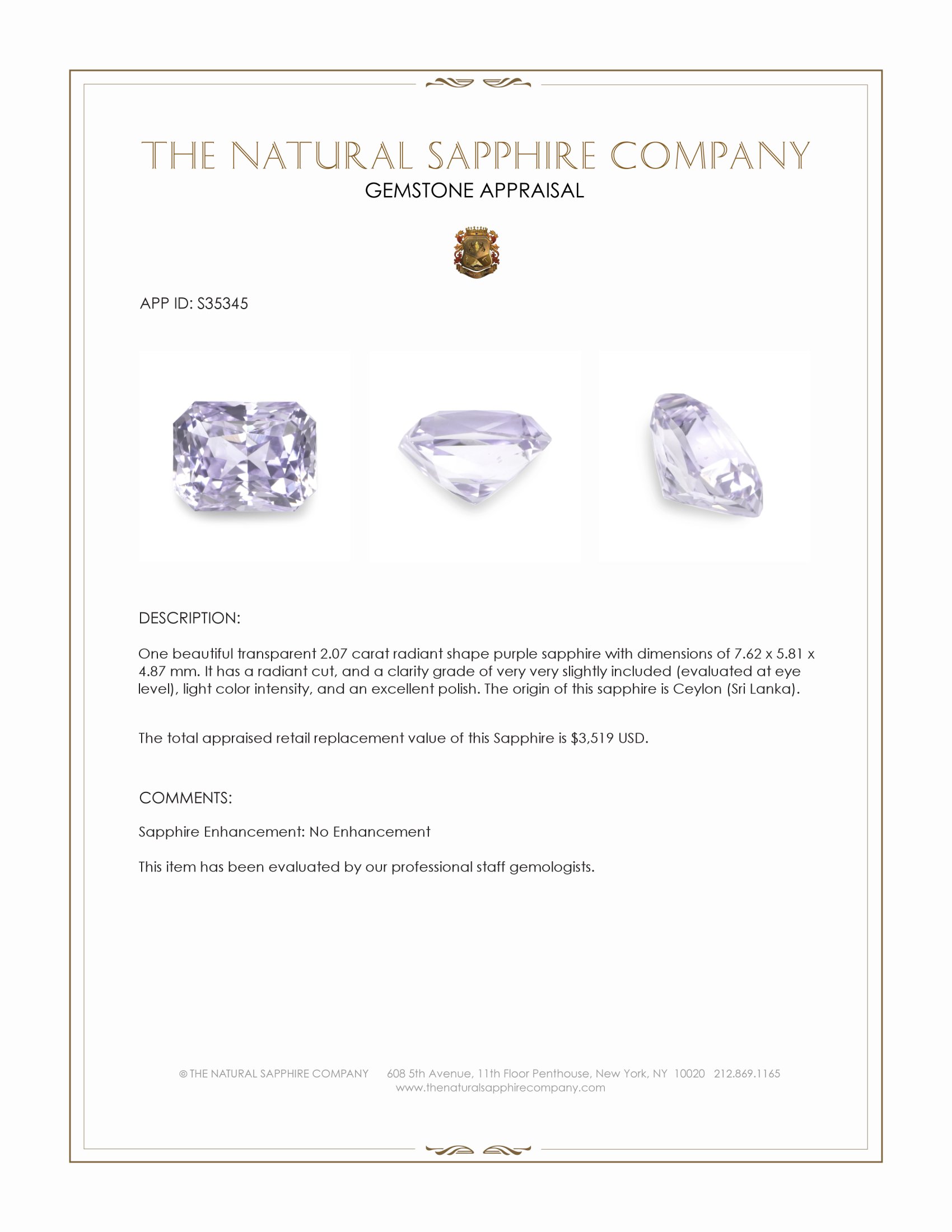 2.07 Ct. Purple Sapphire from Ceylon (Sri Lanka)