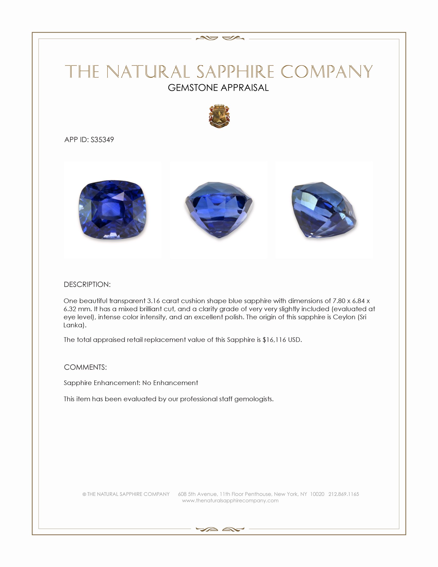 3.16 Ct. Blue Sapphire from Ceylon (Sri Lanka)