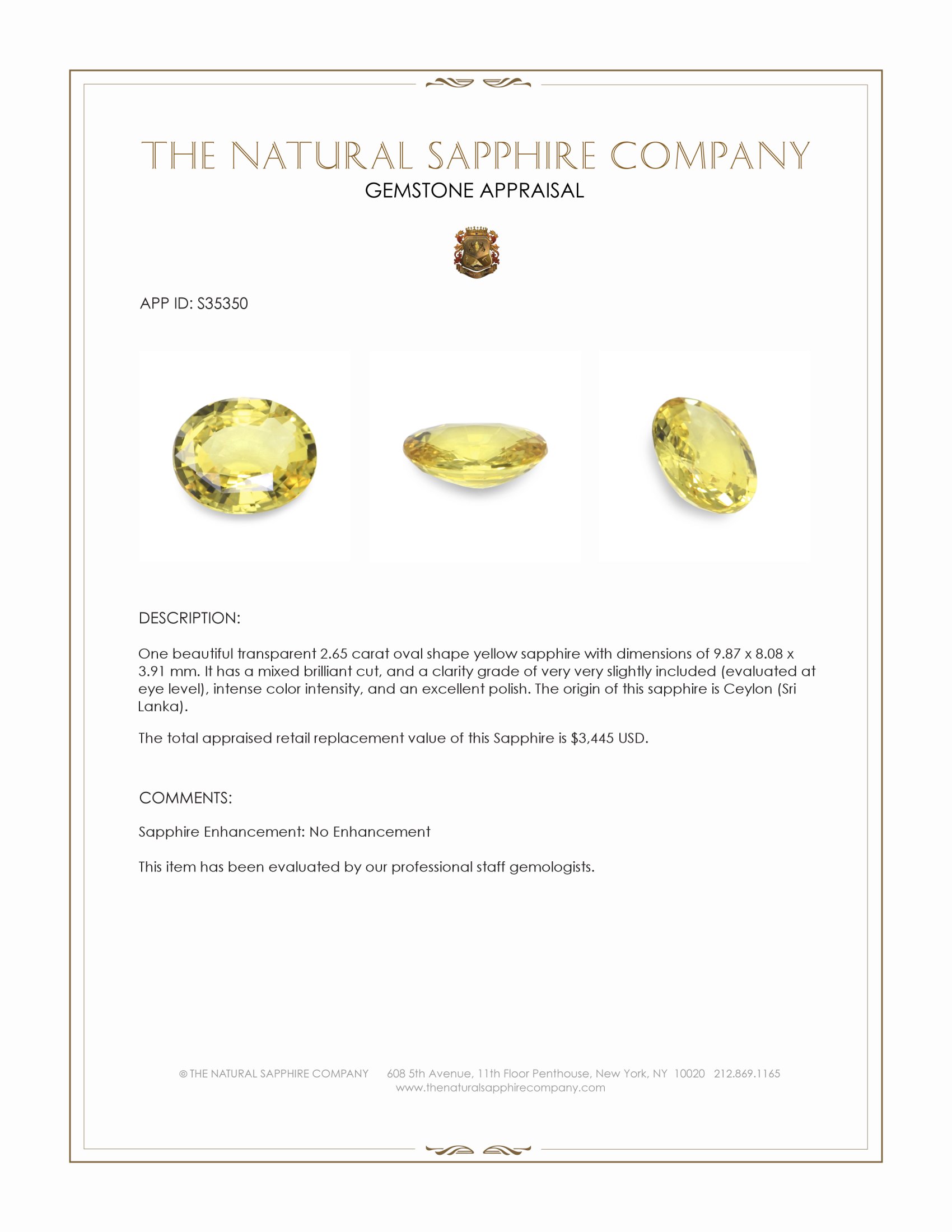2.65 Ct. Yellow Sapphire from Ceylon (Sri Lanka)