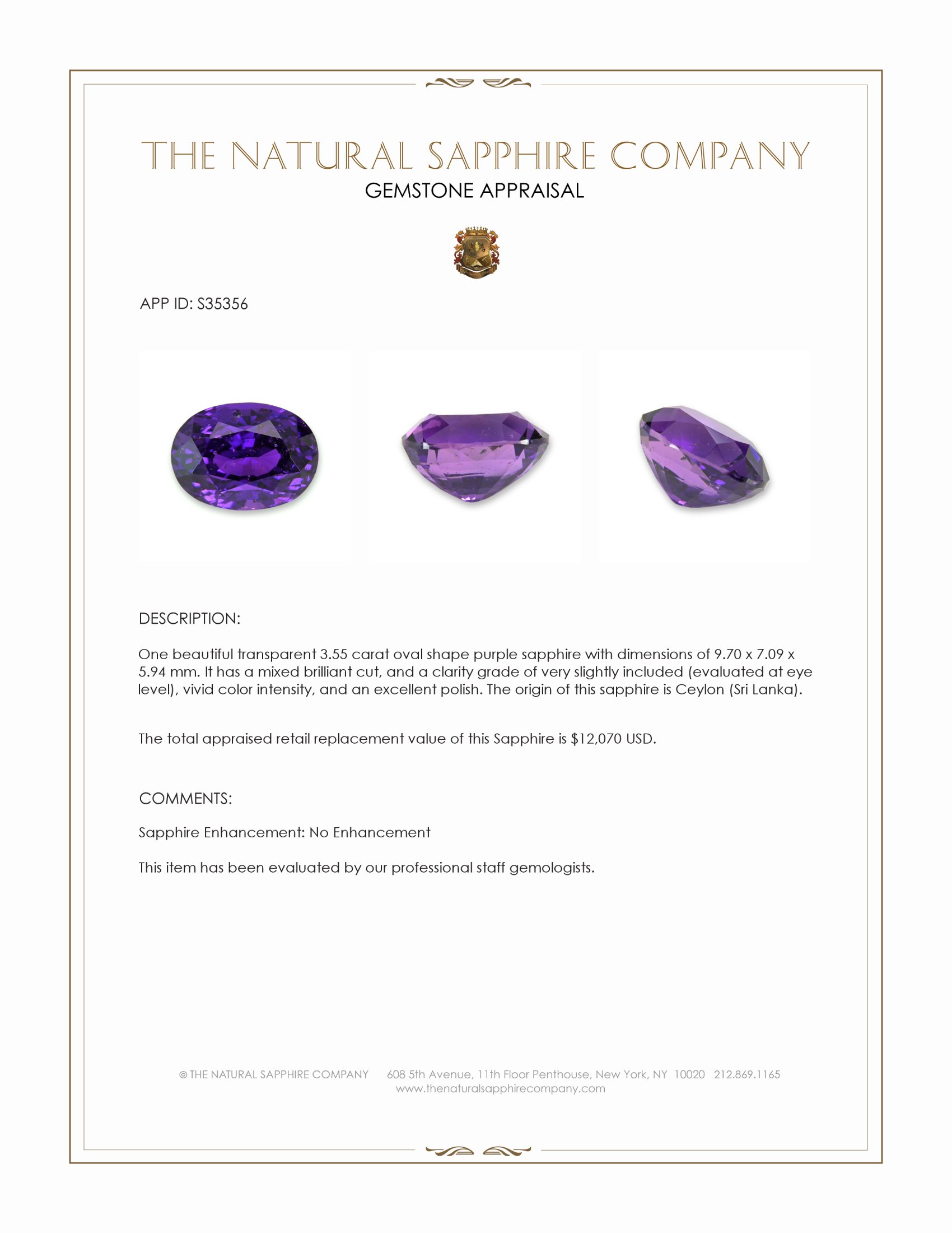 3.55 Ct. Purple Sapphire from Ceylon (Sri Lanka)