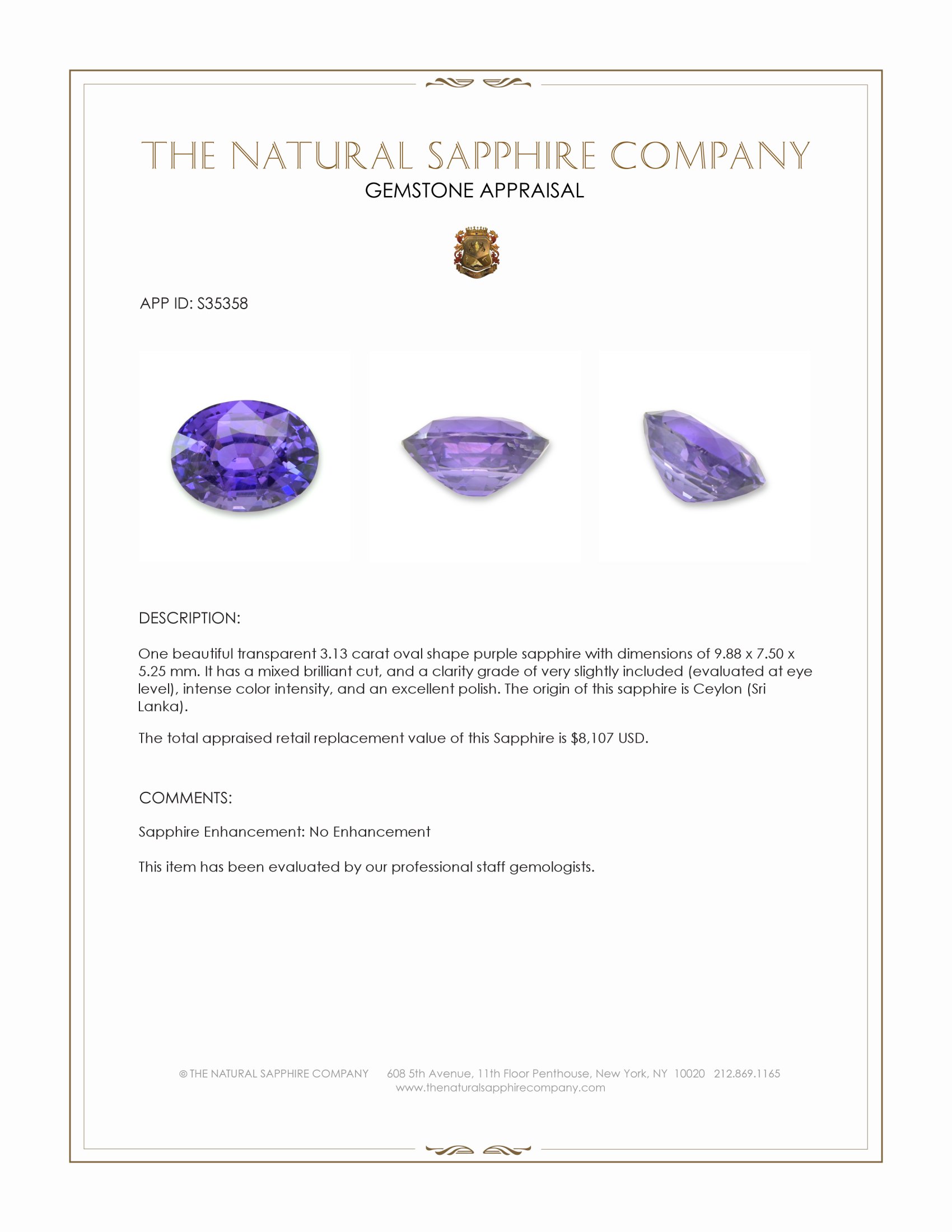 3.13 Ct. Purple Sapphire from Ceylon (Sri Lanka)